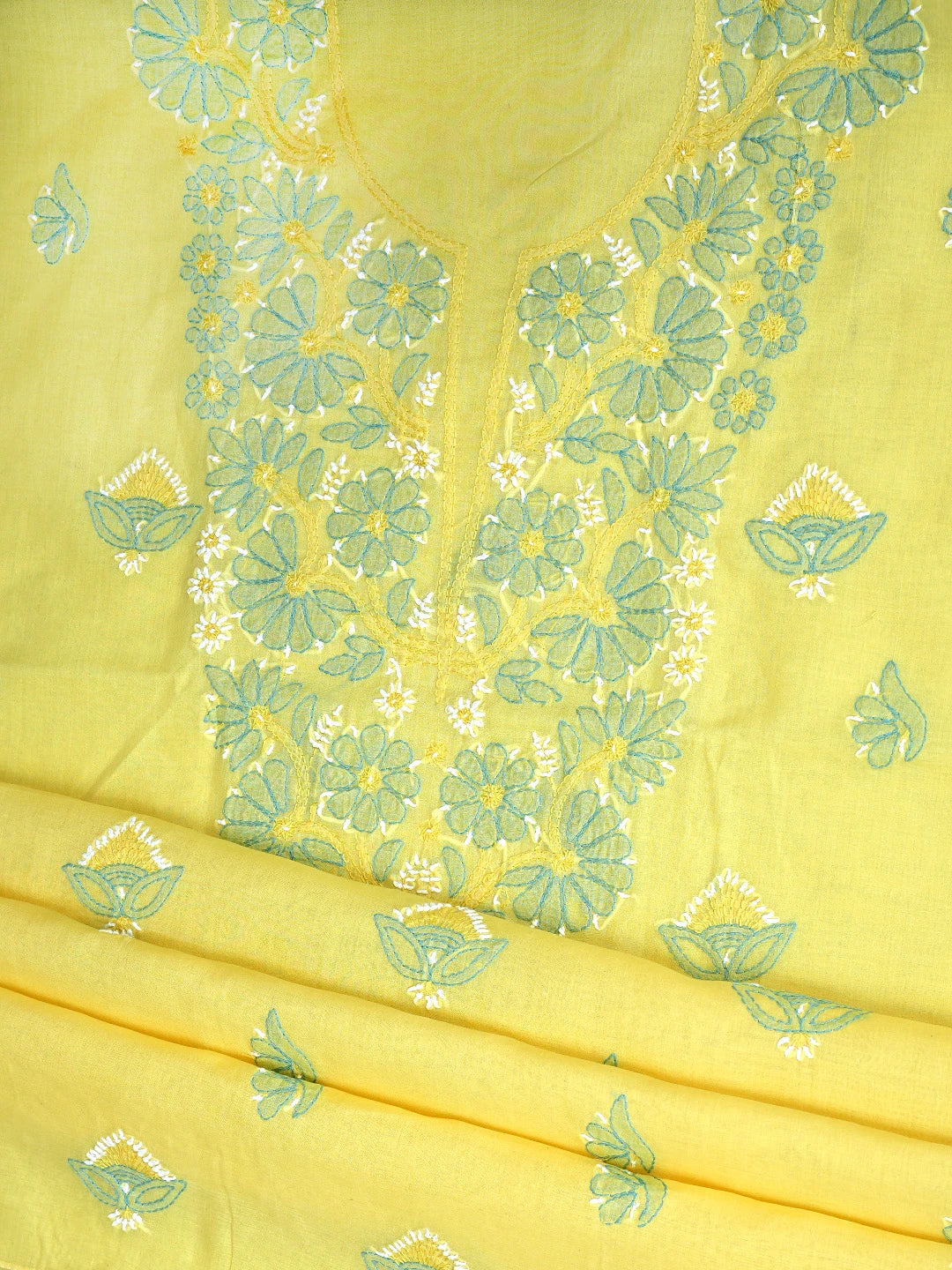 Ada Hand Embroidered Yellow Cotton Lucknowi Chikankari Unstitched Suit Piece with Chiffon Dupatta 01A879374