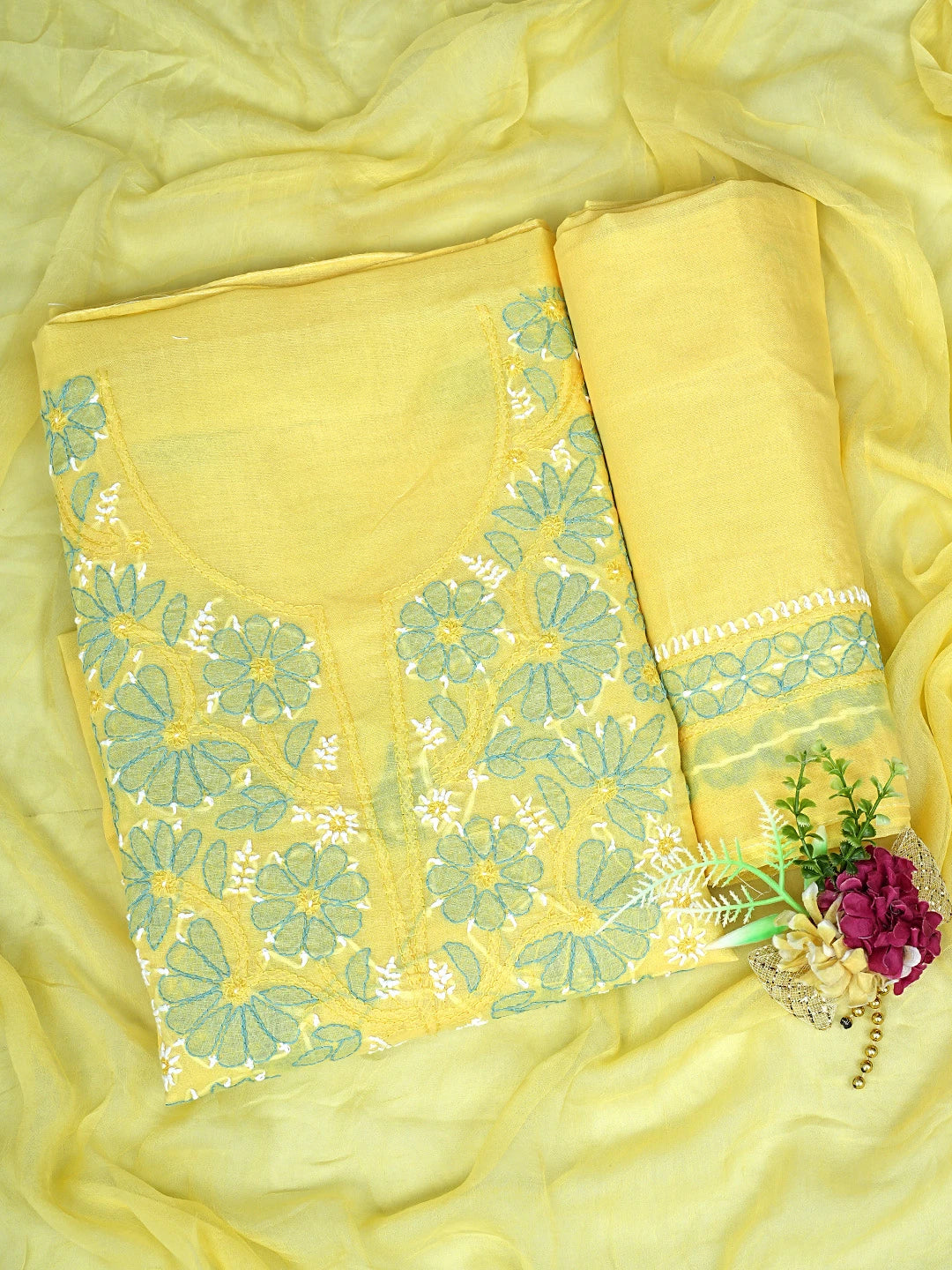 Ada Hand Embroidered Yellow Cotton Lucknowi Chikankari Unstitched Suit Piece with Chiffon Dupatta 01A879374