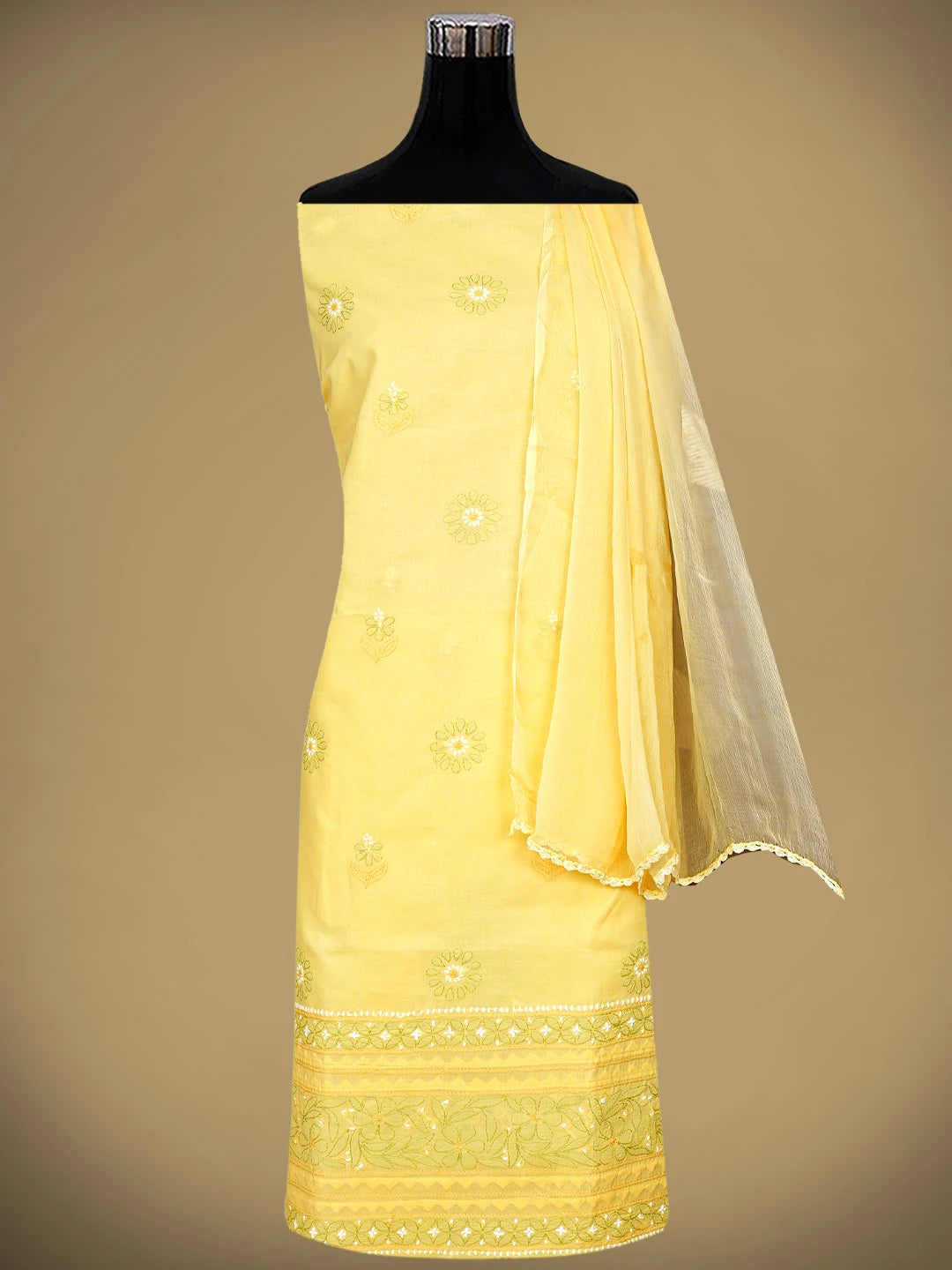 Ada Hand Embroidered Yellow Cotton Lucknowi Chikankari Unstitched Suit Piece with Chiffon Dupatta 01A879655