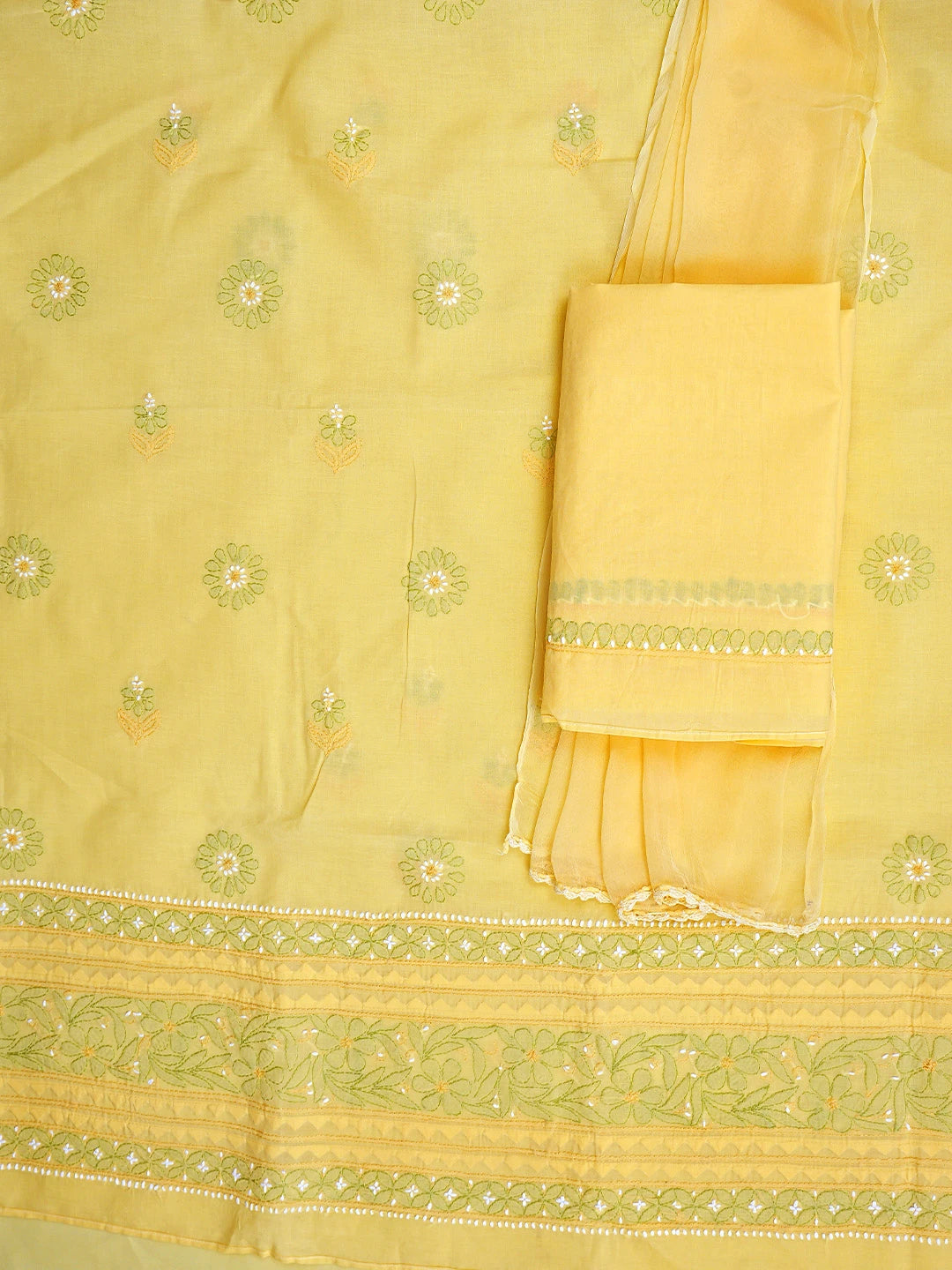 Ada Hand Embroidered Yellow Cotton Lucknowi Chikankari Unstitched Suit Piece with Chiffon Dupatta 01A879655