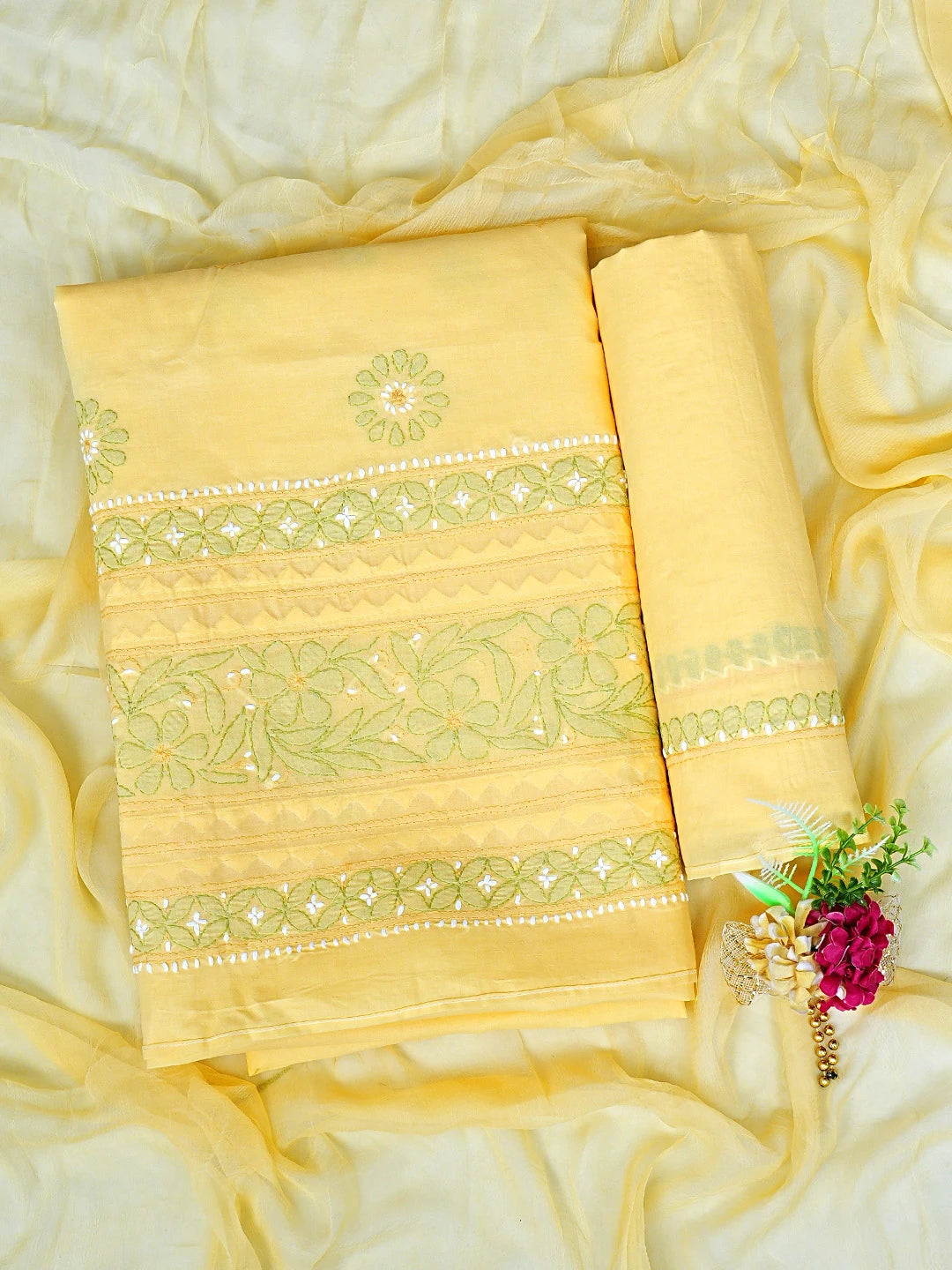 Ada Hand Embroidered Yellow Cotton Lucknowi Chikankari Unstitched Suit Piece with Chiffon Dupatta 01A879655