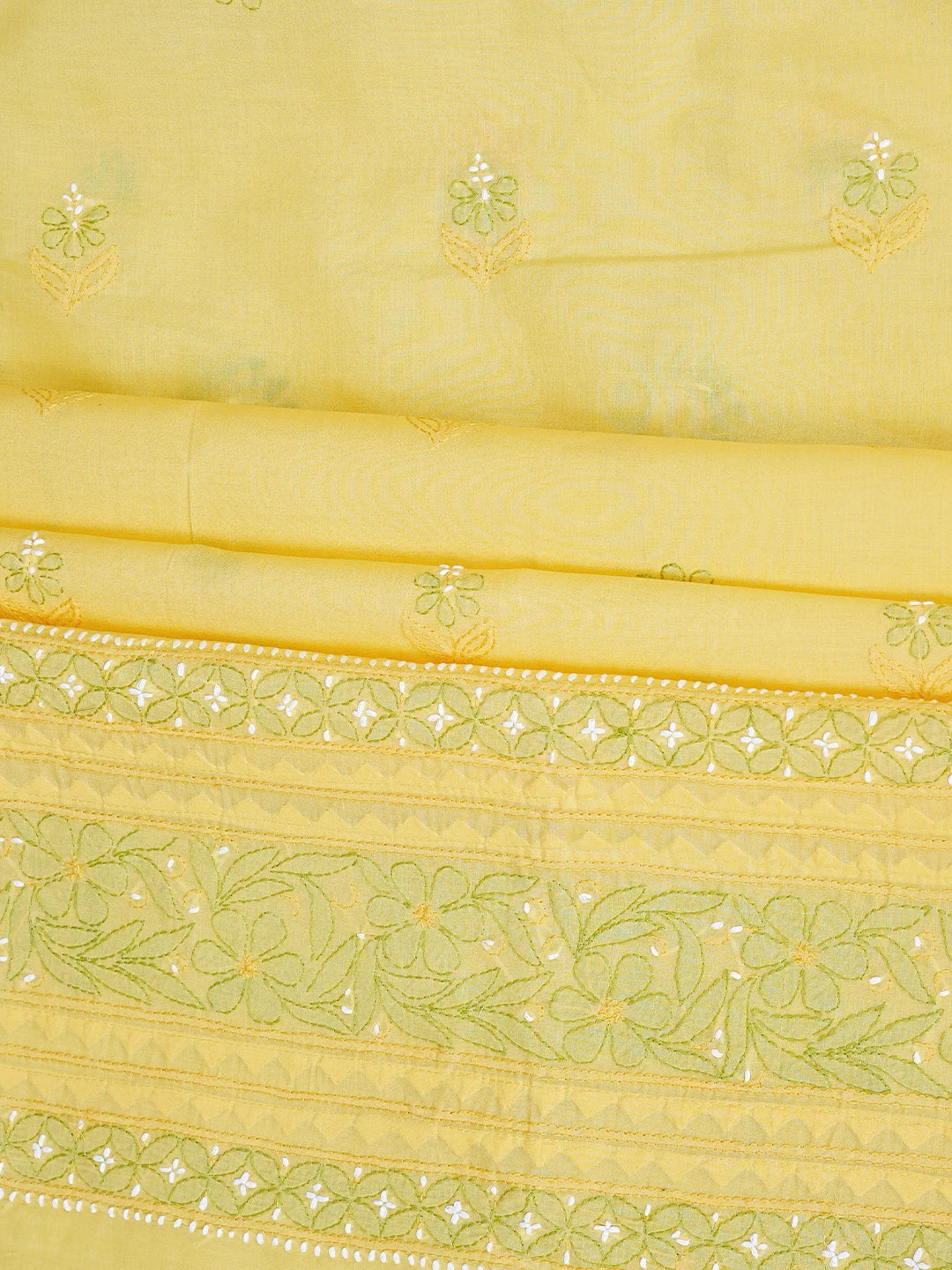 Ada Hand Embroidered Yellow Cotton Lucknowi Chikankari Unstitched Suit Piece with Chiffon Dupatta 01A879655