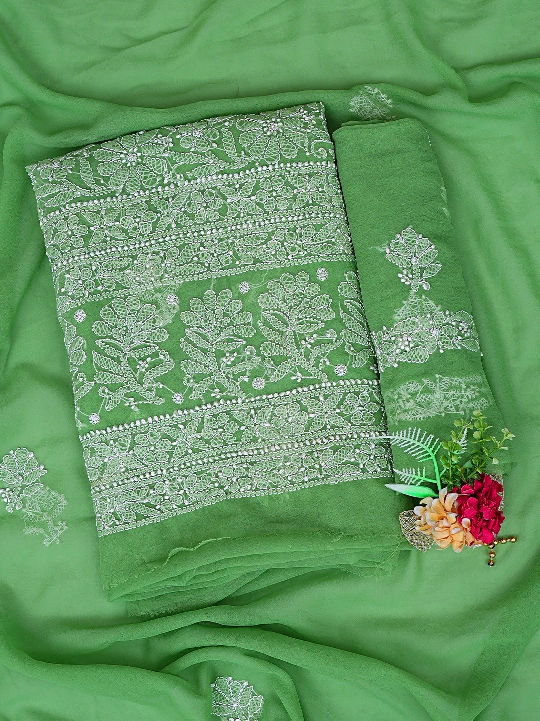 Ada Hand Embroidered Lime Green Georgette Lucknowi Chikankari Unstitched Suit Piece 01A878896