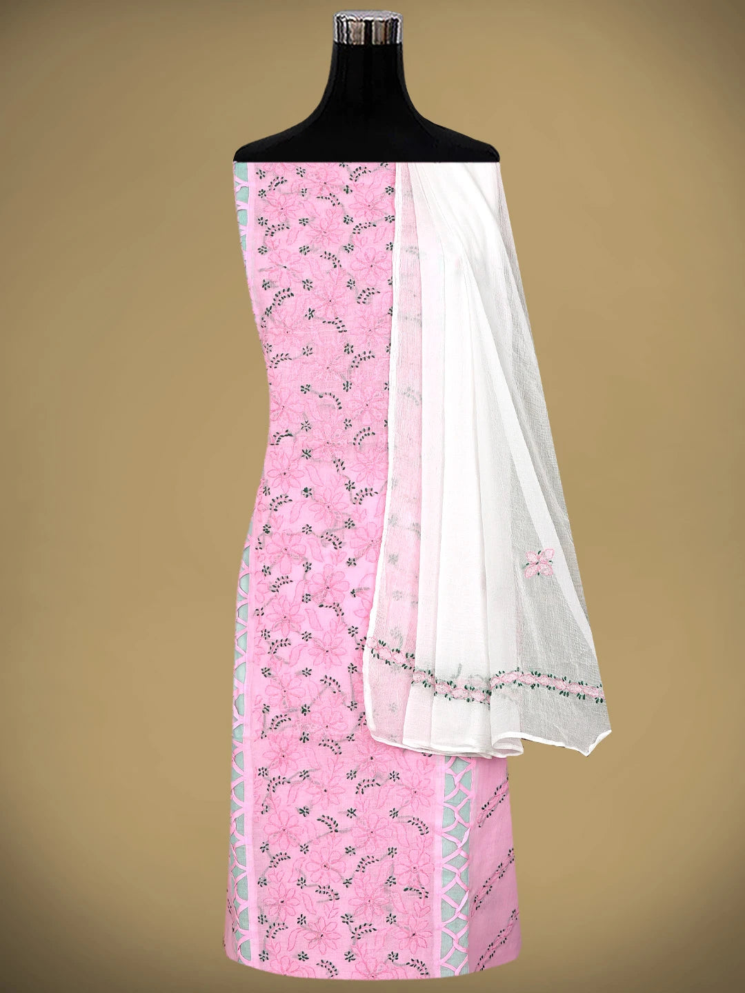 Ada Hand Embroidered Pink Cotton Lucknowi Chikankari Unstitched Suit Piece with Chiffon Dupatta 01A878309