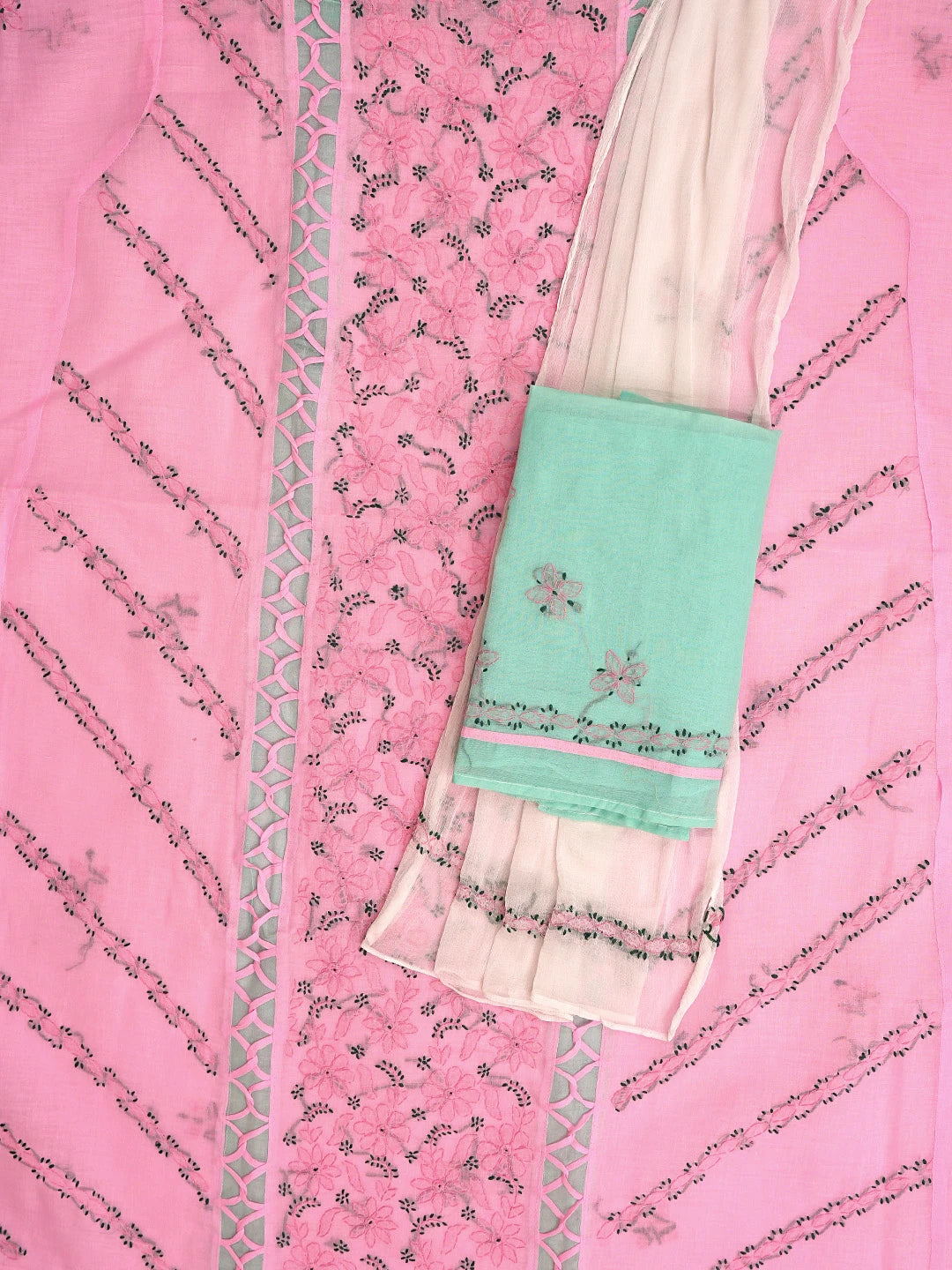 Ada Hand Embroidered Pink Cotton Lucknowi Chikankari Unstitched Suit Piece with Chiffon Dupatta 01A878309