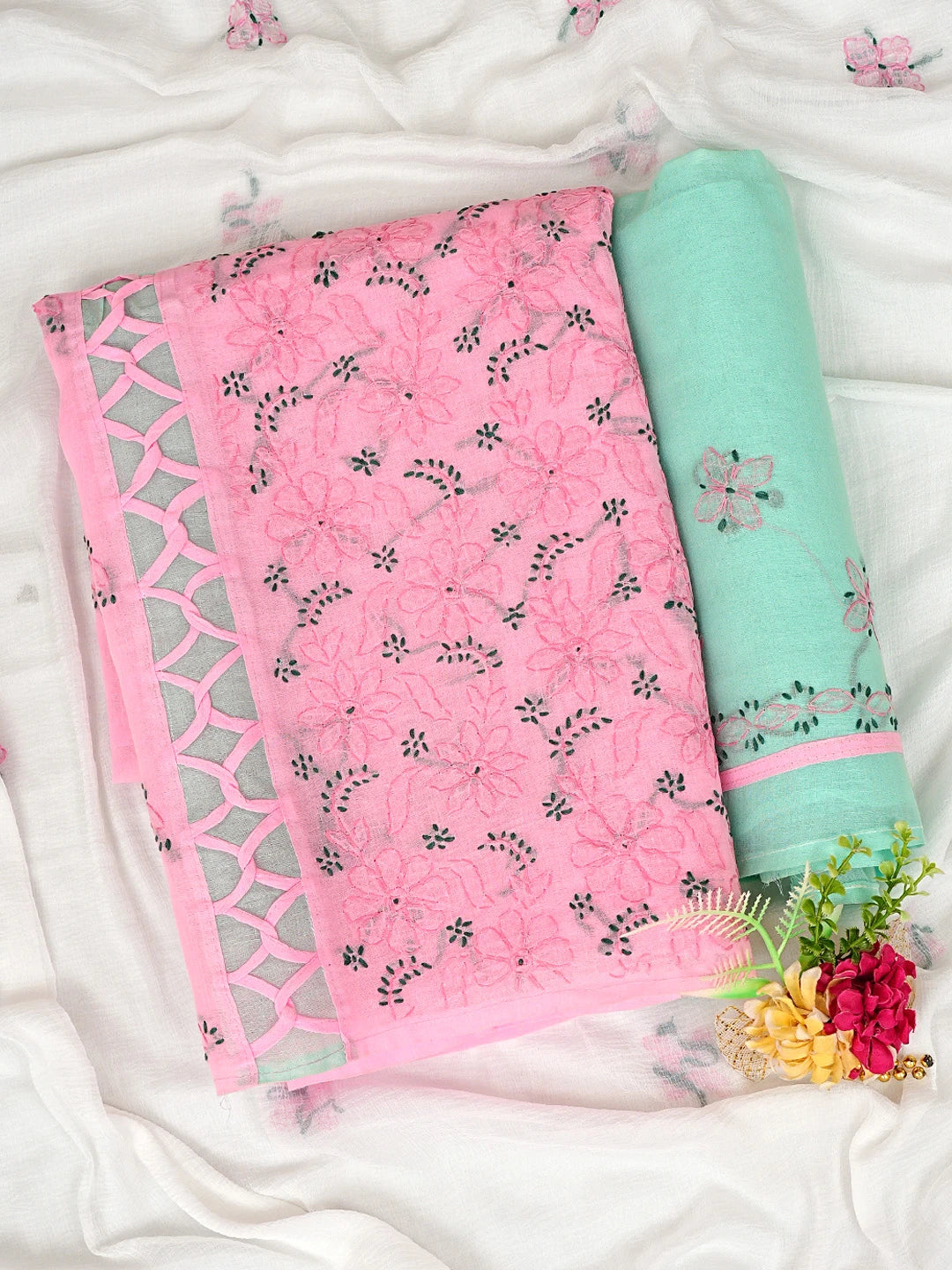 Ada Hand Embroidered Pink Cotton Lucknowi Chikankari Unstitched Suit Piece with Chiffon Dupatta 01A878309