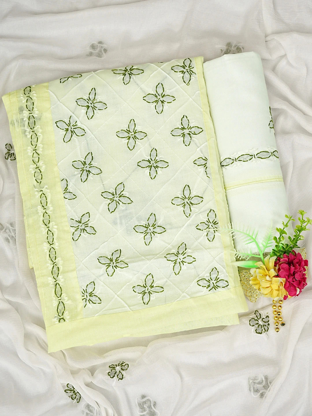 Ada Hand Embroidered Lemon Cotton Lucknowi Chikankari Unstitched Suit Piece with Chiffon Dupatta 01A878308