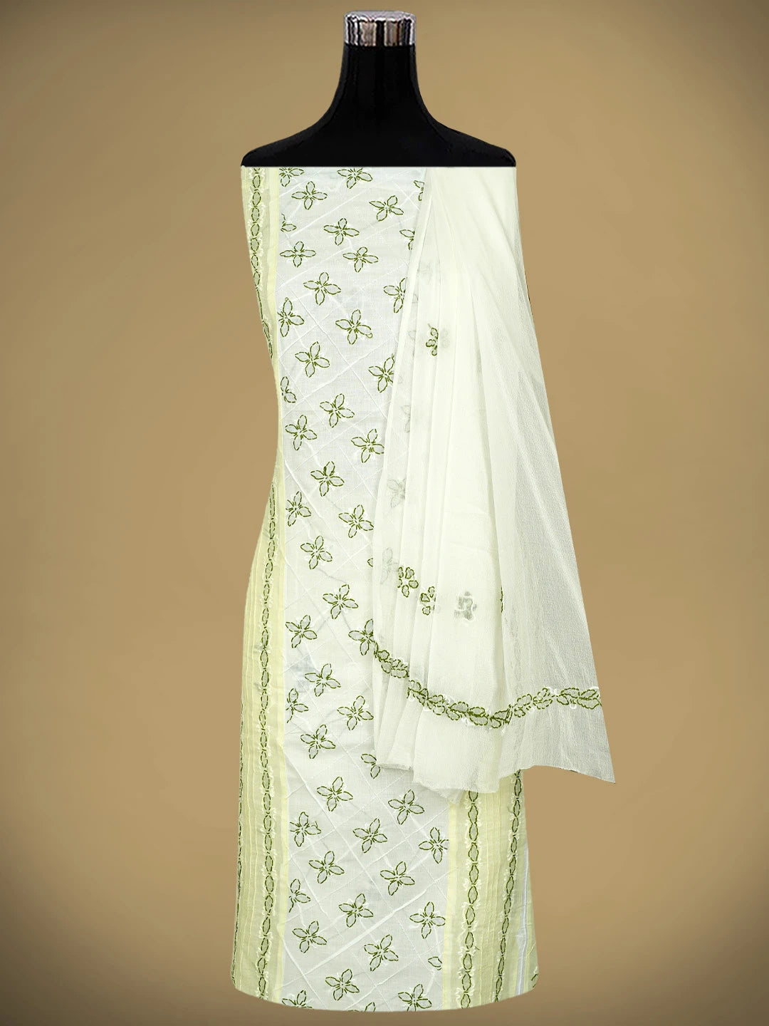 Ada Hand Embroidered Lemon Cotton Lucknowi Chikankari Unstitched Suit Piece with Chiffon Dupatta 01A878308