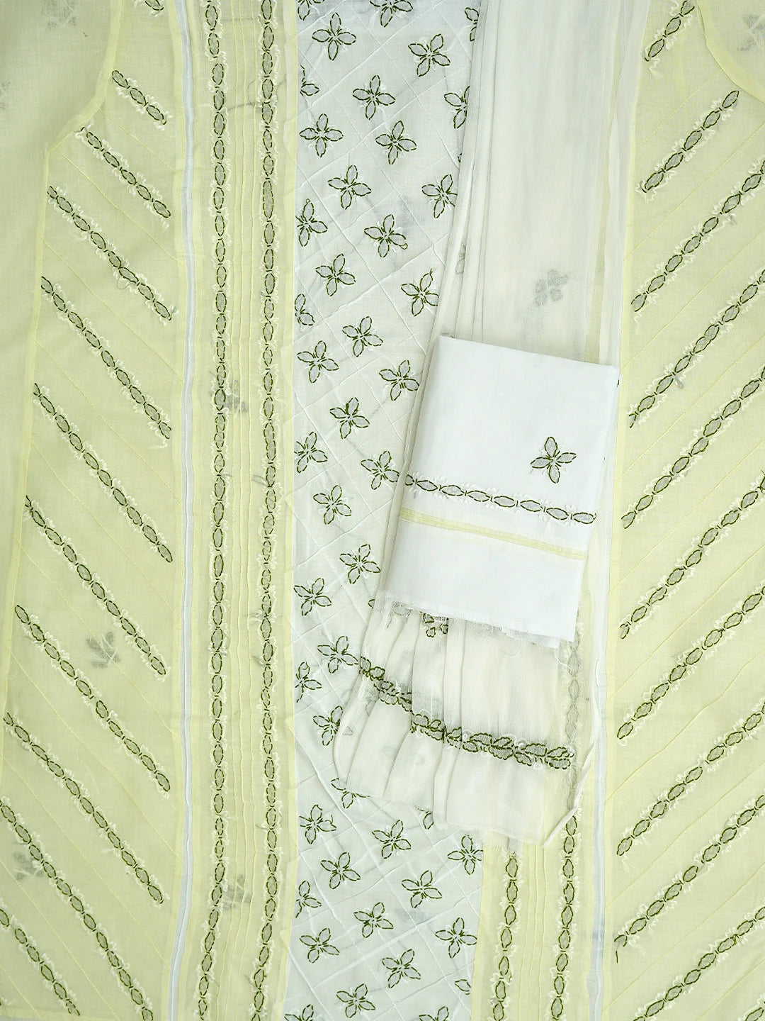 Ada Hand Embroidered Lemon Cotton Lucknowi Chikankari Unstitched Suit Piece with Chiffon Dupatta 01A878308