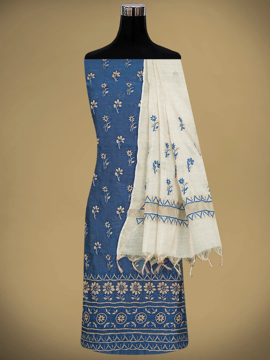 Ada Hand Embroidered Royal Blue Chanderi Lucknowi Chikankari Unstitched Kurta Dupatta Set 01A879563