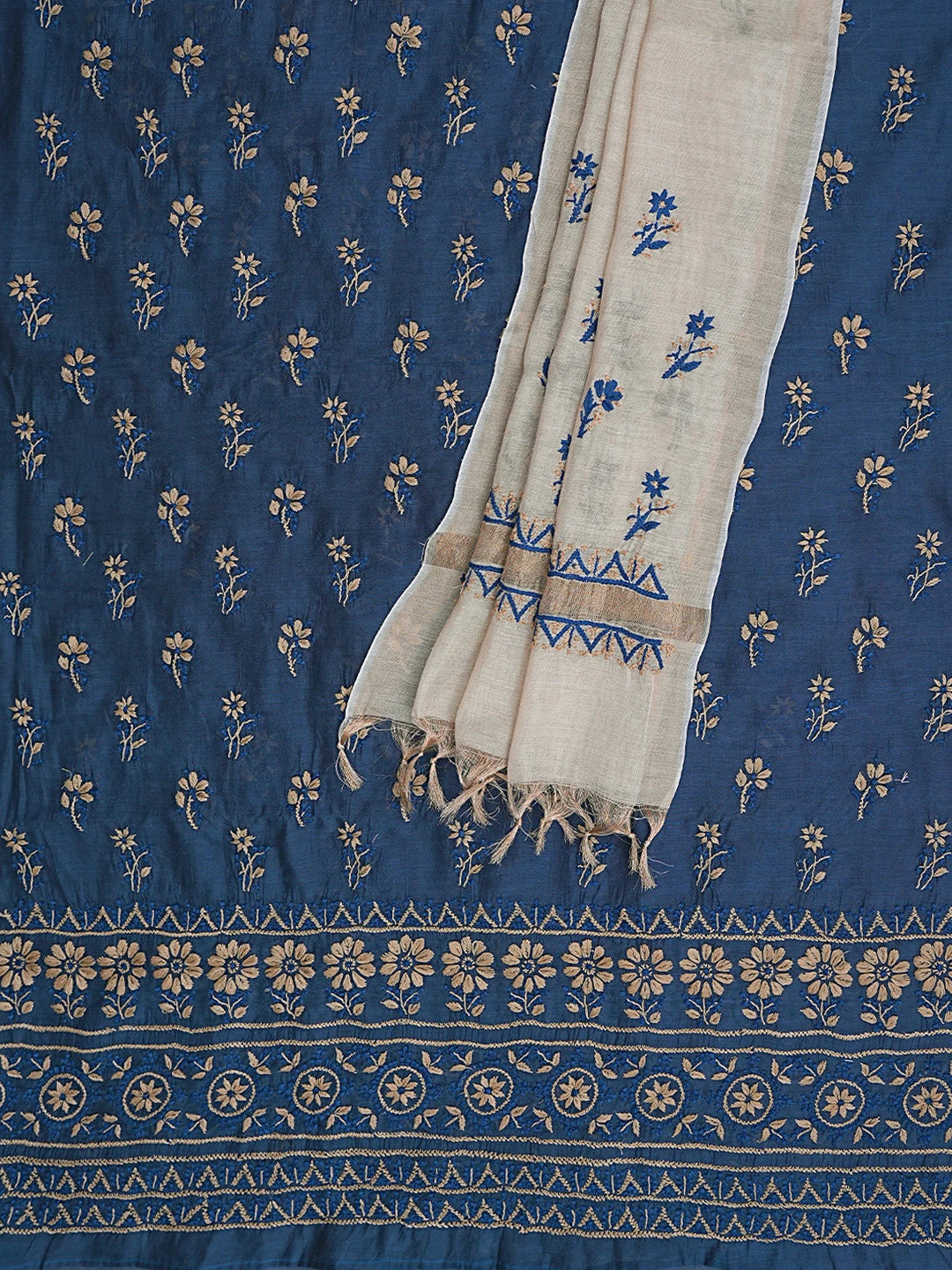 Ada Hand Embroidered Royal Blue Chanderi Lucknowi Chikankari Unstitched Kurta Dupatta Set 01A879563