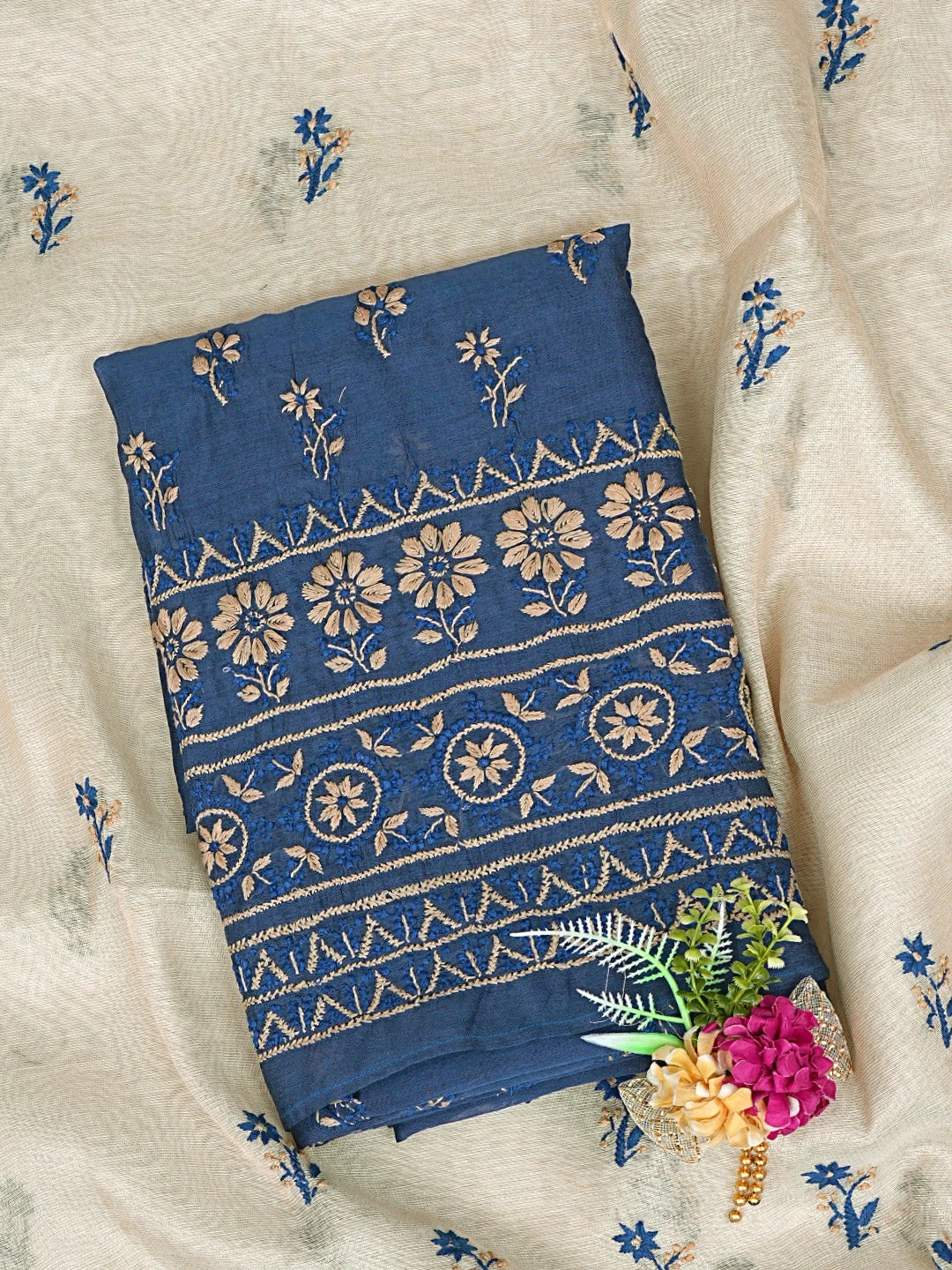 Ada Hand Embroidered Royal Blue Chanderi Lucknowi Chikankari Unstitched Kurta Dupatta Set 01A879563
