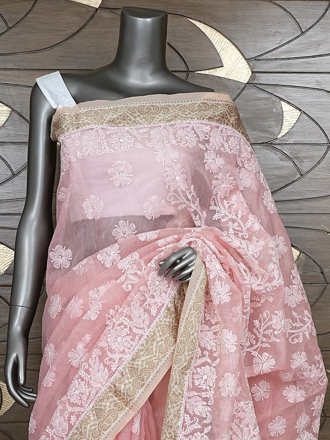 Ada Hand Embroidered Peach Chanderi Lucknowi Chikankari Saree With Blouse 01A869717