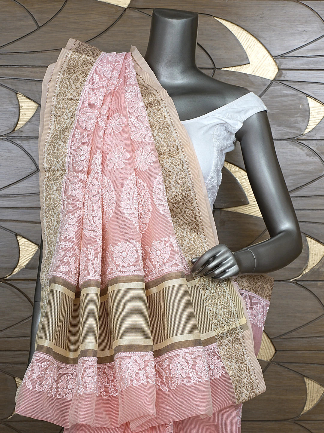 Ada Hand Embroidered Peach Chanderi Lucknowi Chikankari Saree With Blouse 01A869717