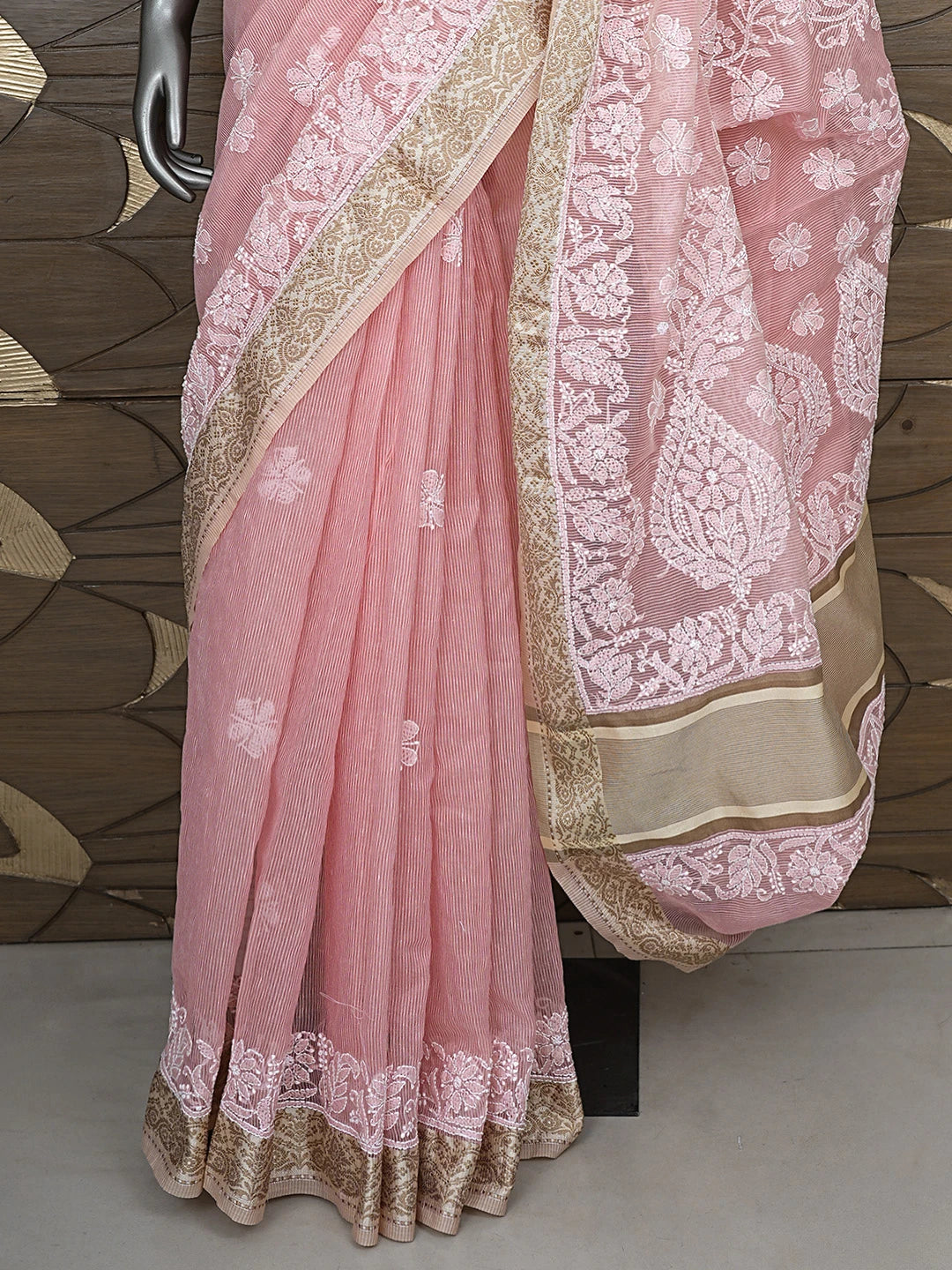 Ada Hand Embroidered Peach Chanderi Lucknowi Chikankari Saree With Blouse 01A869717