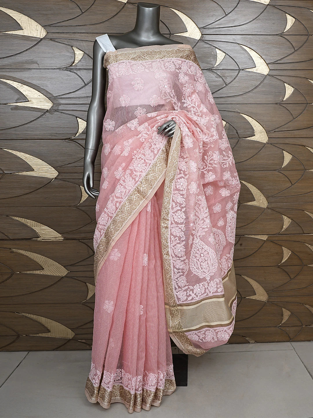 Ada Hand Embroidered Peach Chanderi Lucknowi Chikankari Saree With Blouse 01A869717