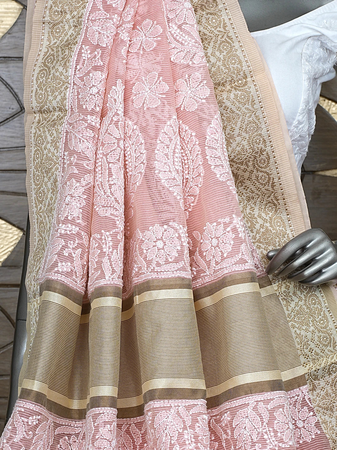 Ada Hand Embroidered Peach Chanderi Lucknowi Chikankari Saree With Blouse 01A869717