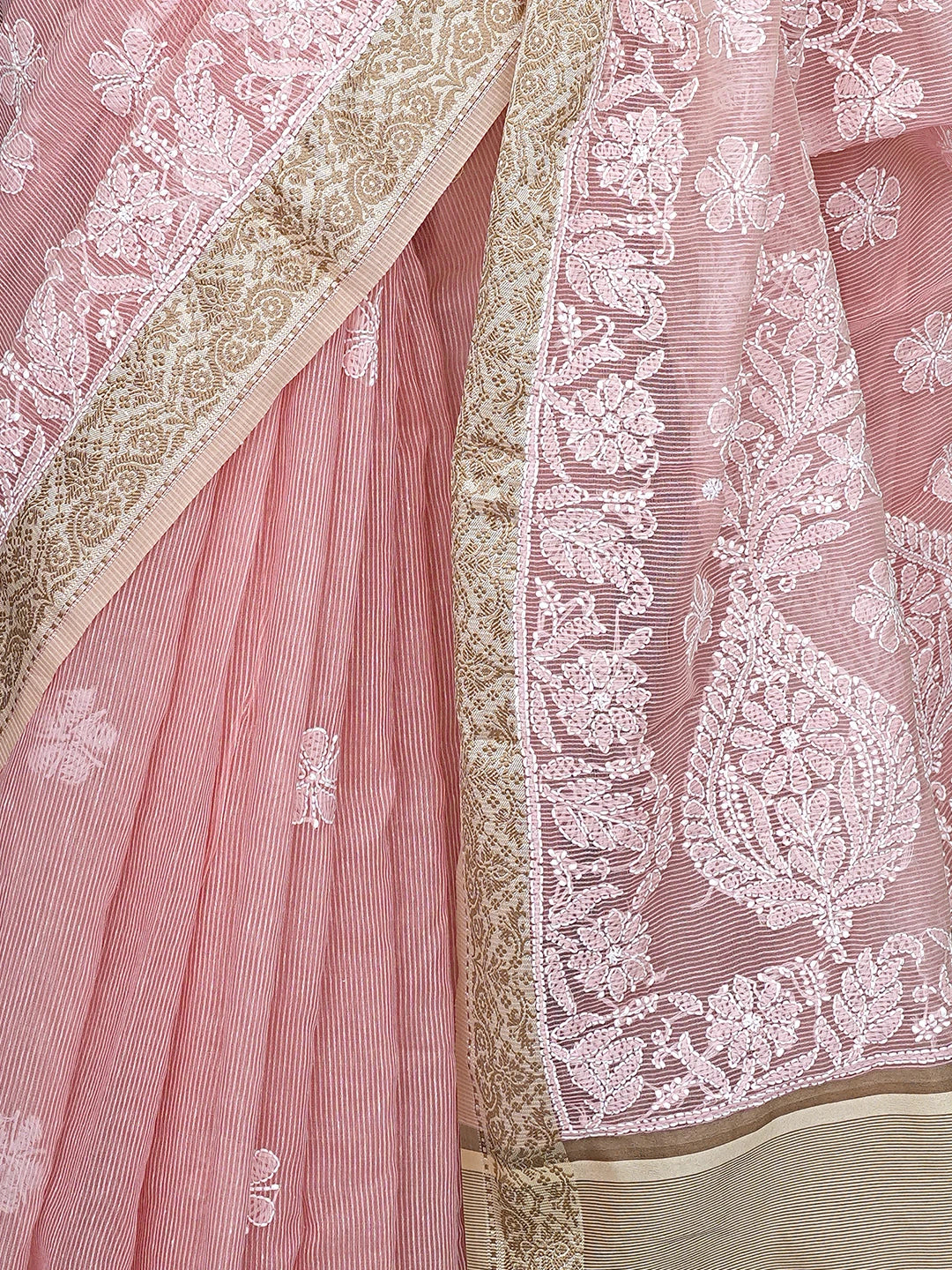 Ada Hand Embroidered Peach Chanderi Lucknowi Chikankari Saree With Blouse 01A869717