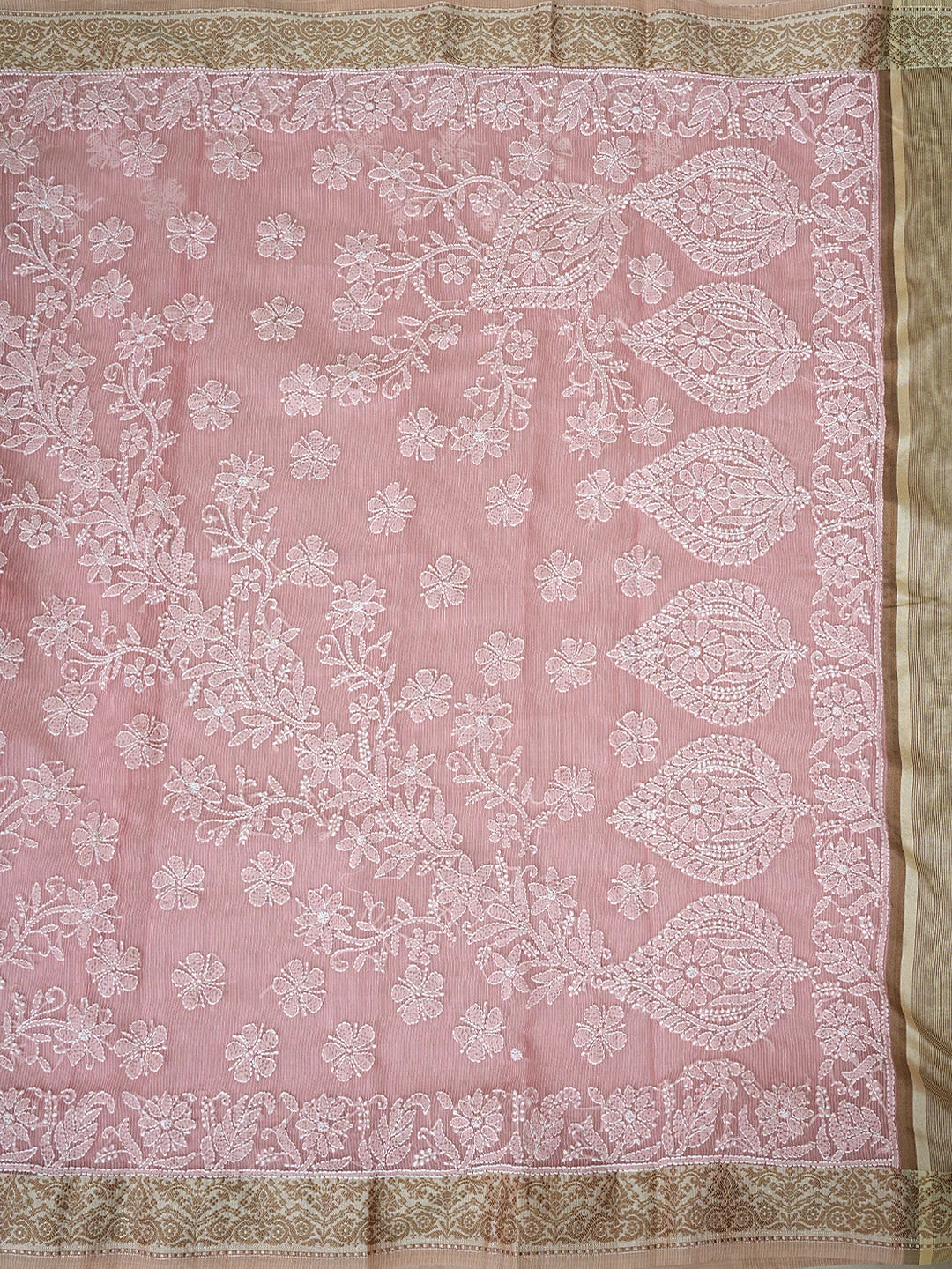 Ada Hand Embroidered Peach Chanderi Lucknowi Chikankari Saree With Blouse 01A869717