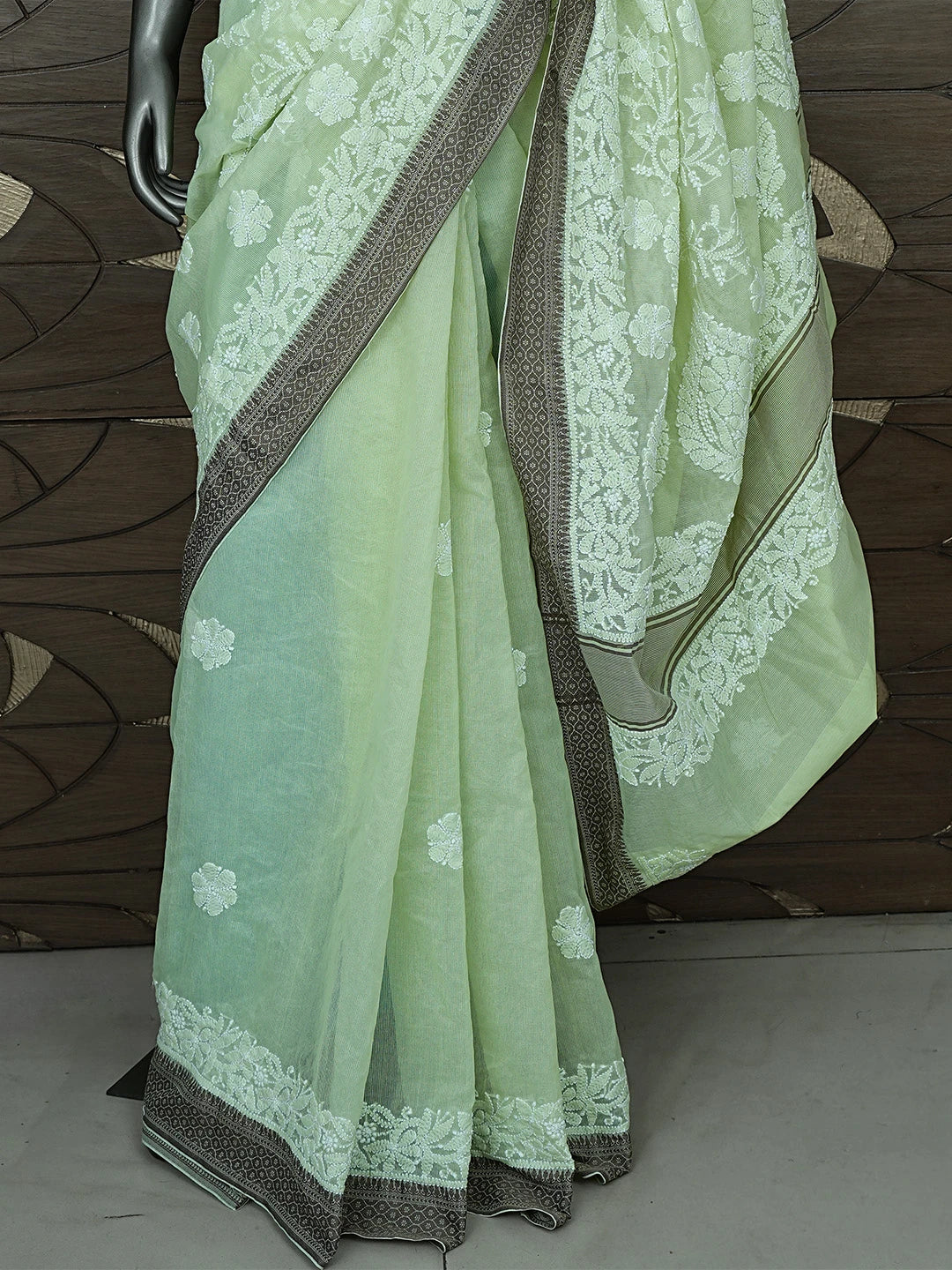 Ada Hand Embroidered Pista Green Chanderi Lucknowi Chikankari Saree With Blouse 01A869711