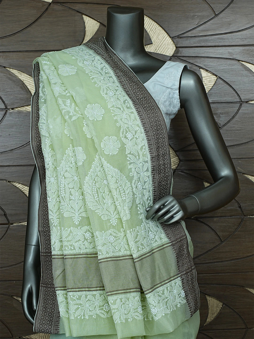 Ada Hand Embroidered Pista Green Chanderi Lucknowi Chikankari Saree With Blouse 01A869711