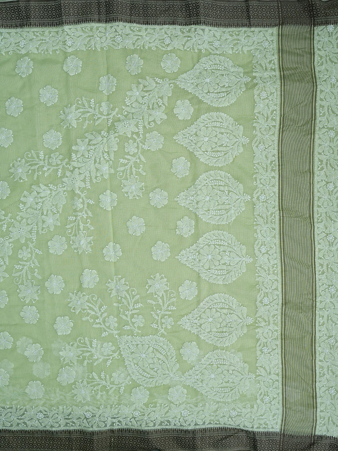 Ada Hand Embroidered Pista Green Chanderi Lucknowi Chikankari Saree With Blouse 01A869711