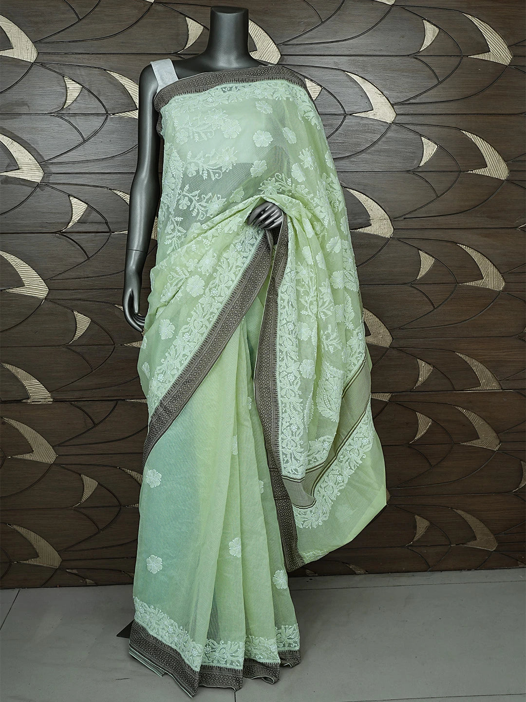 Ada Hand Embroidered Pista Green Chanderi Lucknowi Chikankari Saree With Blouse 01A869711