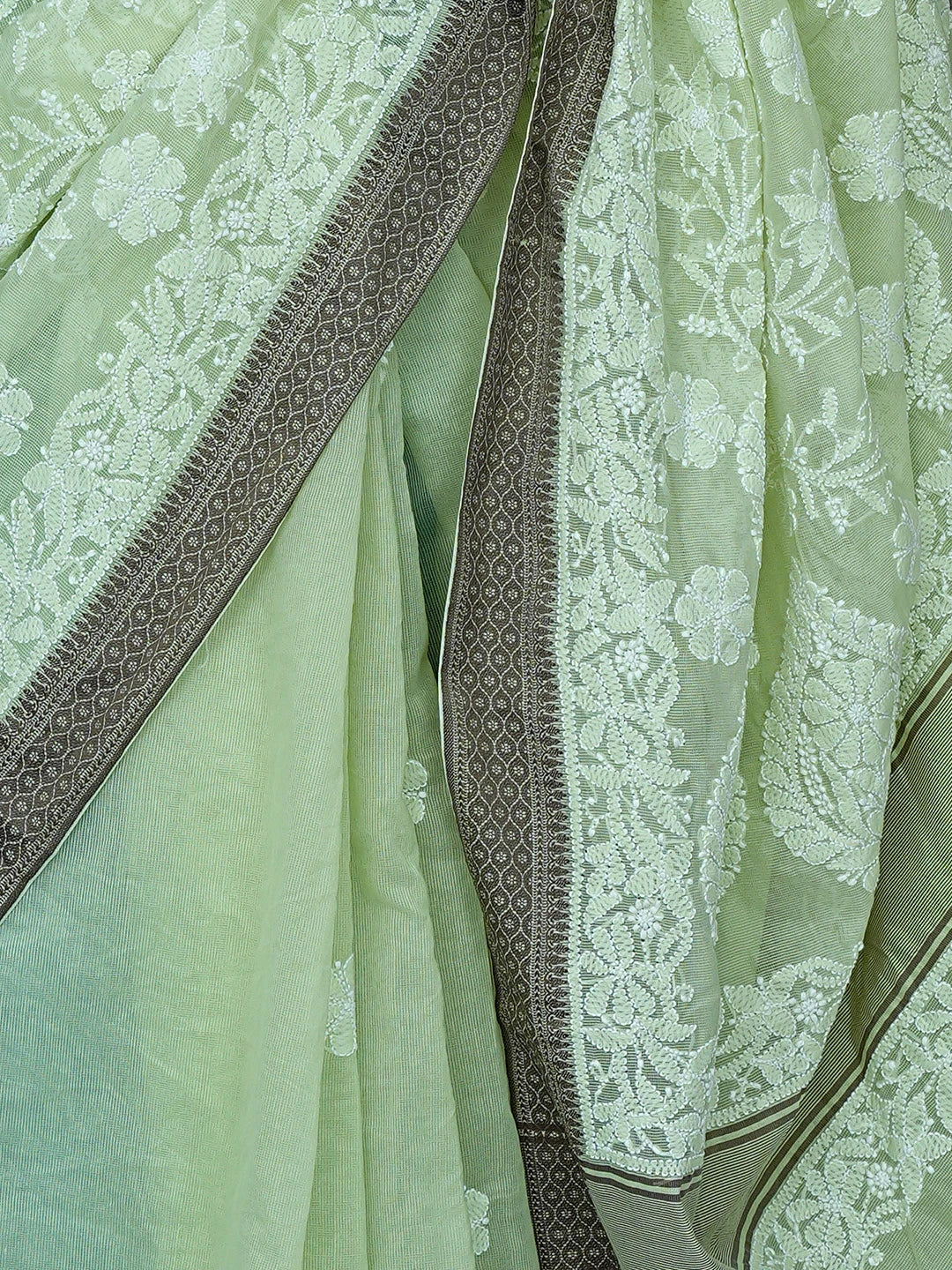 Ada Hand Embroidered Pista Green Chanderi Lucknowi Chikankari Saree With Blouse 01A869711