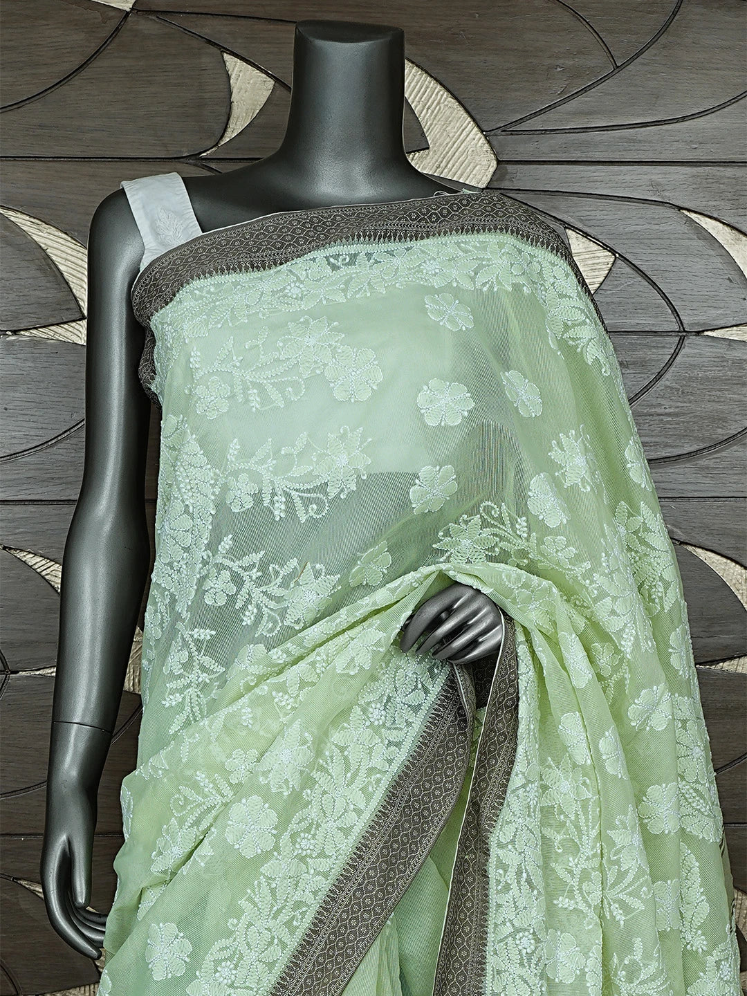 Ada Hand Embroidered Pista Green Chanderi Lucknowi Chikankari Saree With Blouse 01A869711