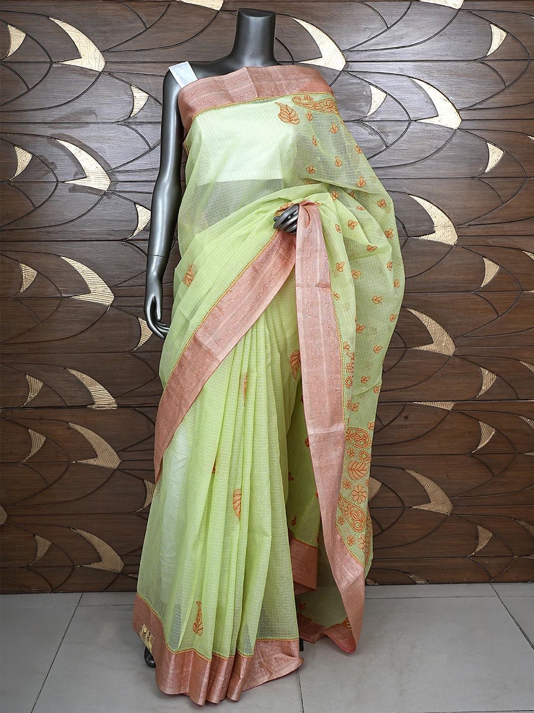 Ada Hand Embroidered Green Chanderi Lucknowi Chikankari Saree With Blouse 01A884493