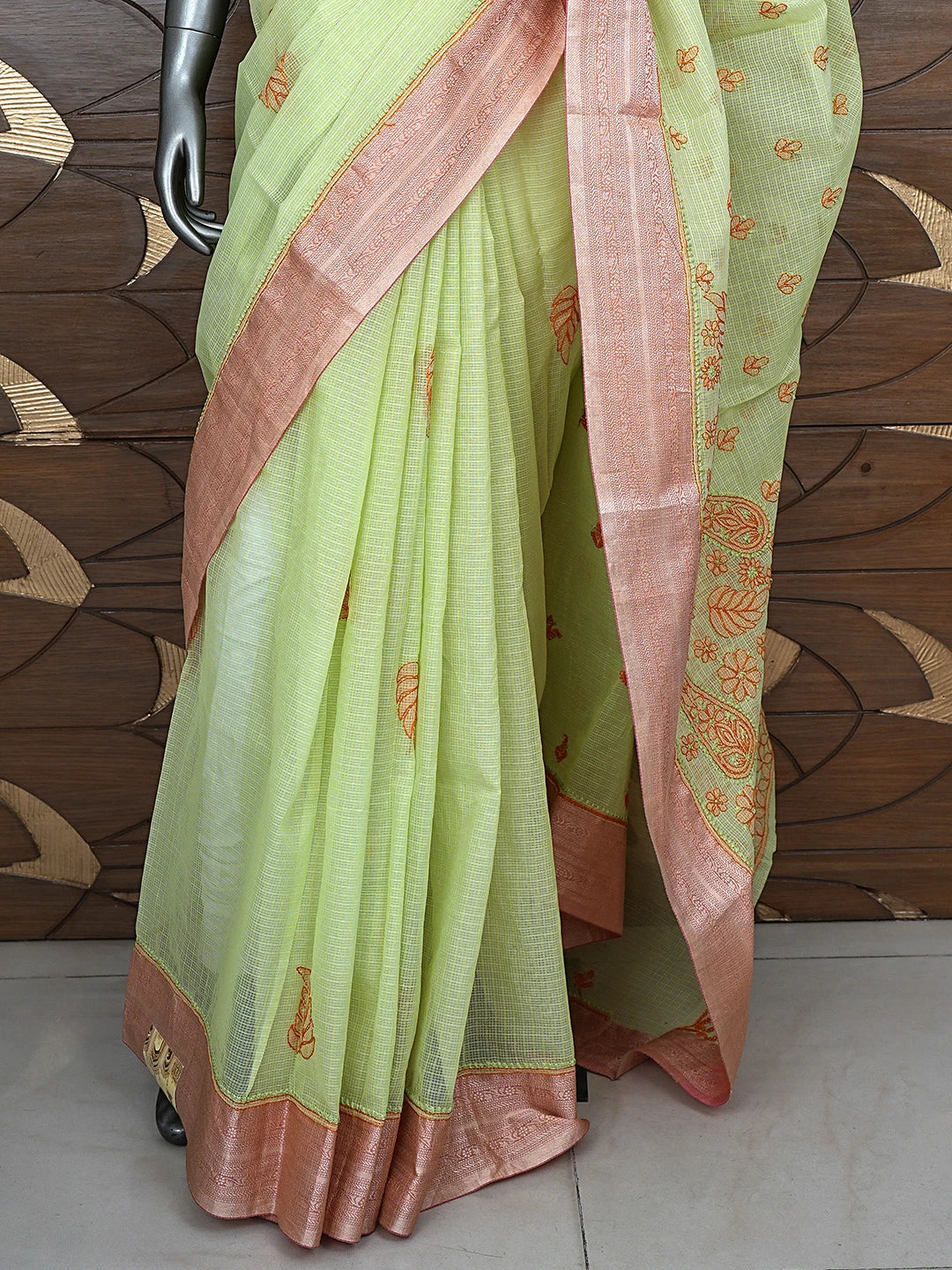 Ada Hand Embroidered Green Chanderi Lucknowi Chikankari Saree With Blouse 01A884493