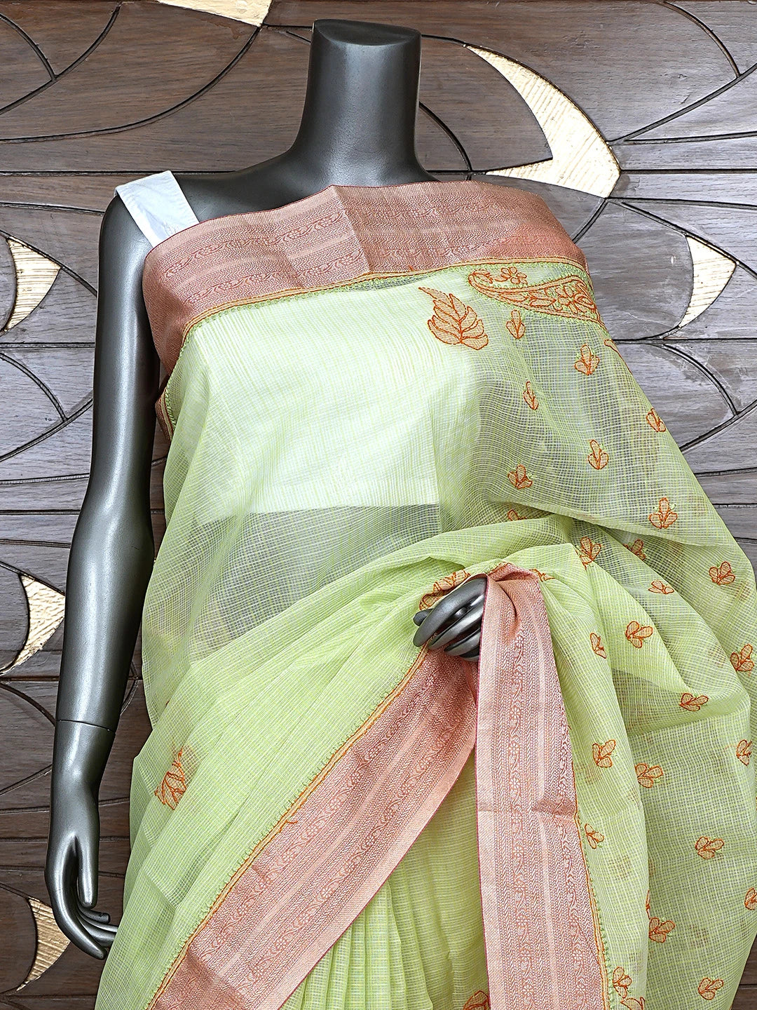 Ada Hand Embroidered Green Chanderi Lucknowi Chikankari Saree With Blouse 01A884493