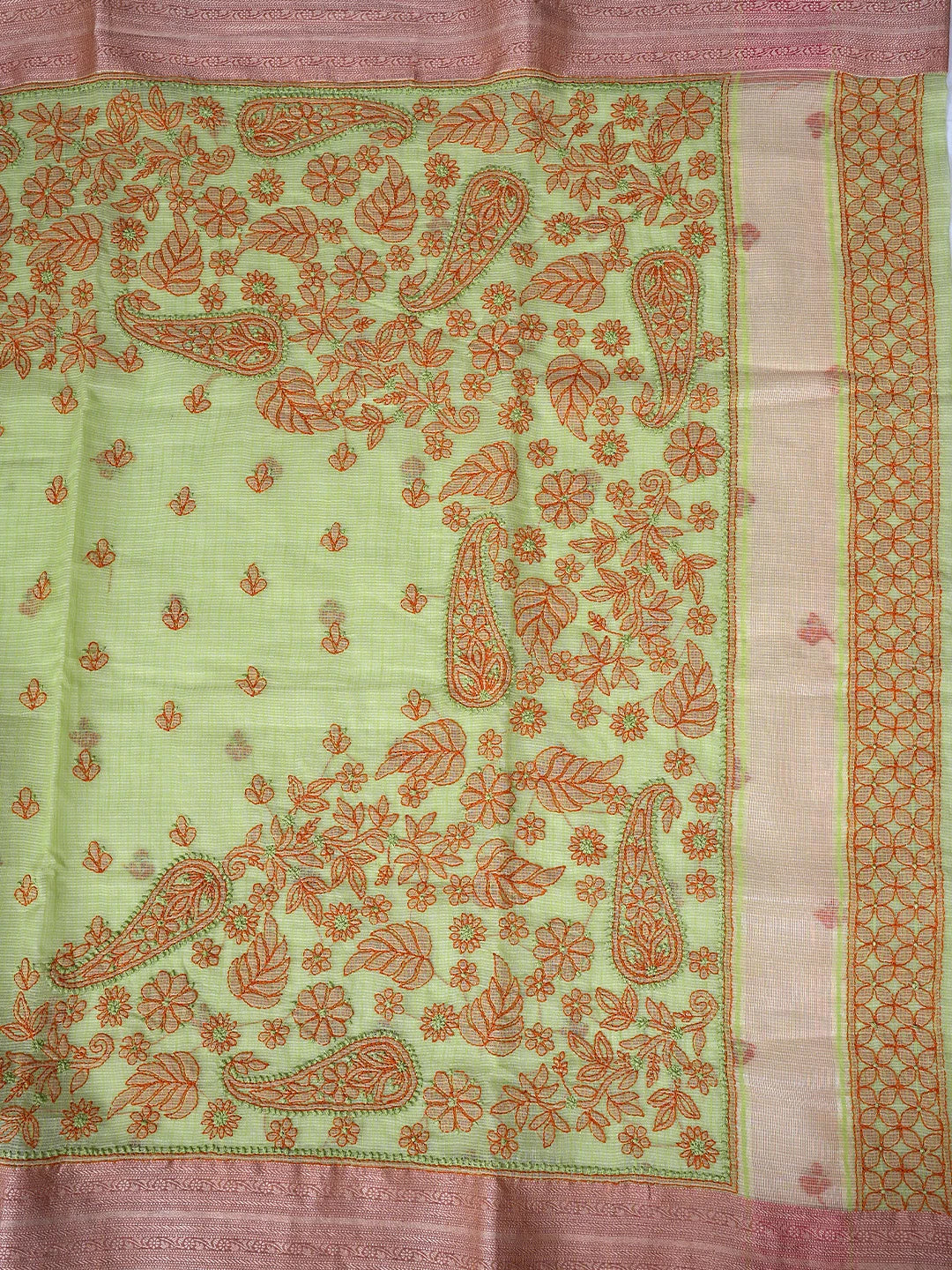 Ada Hand Embroidered Green Chanderi Lucknowi Chikankari Saree With Blouse 01A884493