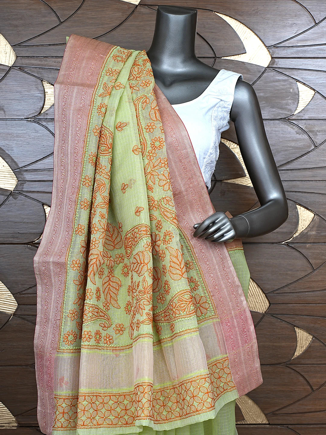 Ada Hand Embroidered Green Chanderi Lucknowi Chikankari Saree With Blouse 01A884493