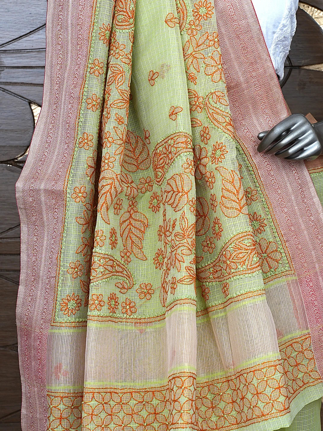 Ada Hand Embroidered Green Chanderi Lucknowi Chikankari Saree With Blouse 01A884493