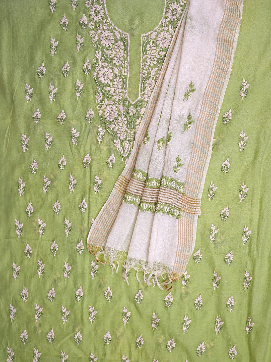 Ada Hand Embroidered Lime Green Chanderi Lucknowi Chikankari Unstitched Kurta Dupatta Set 01A879585