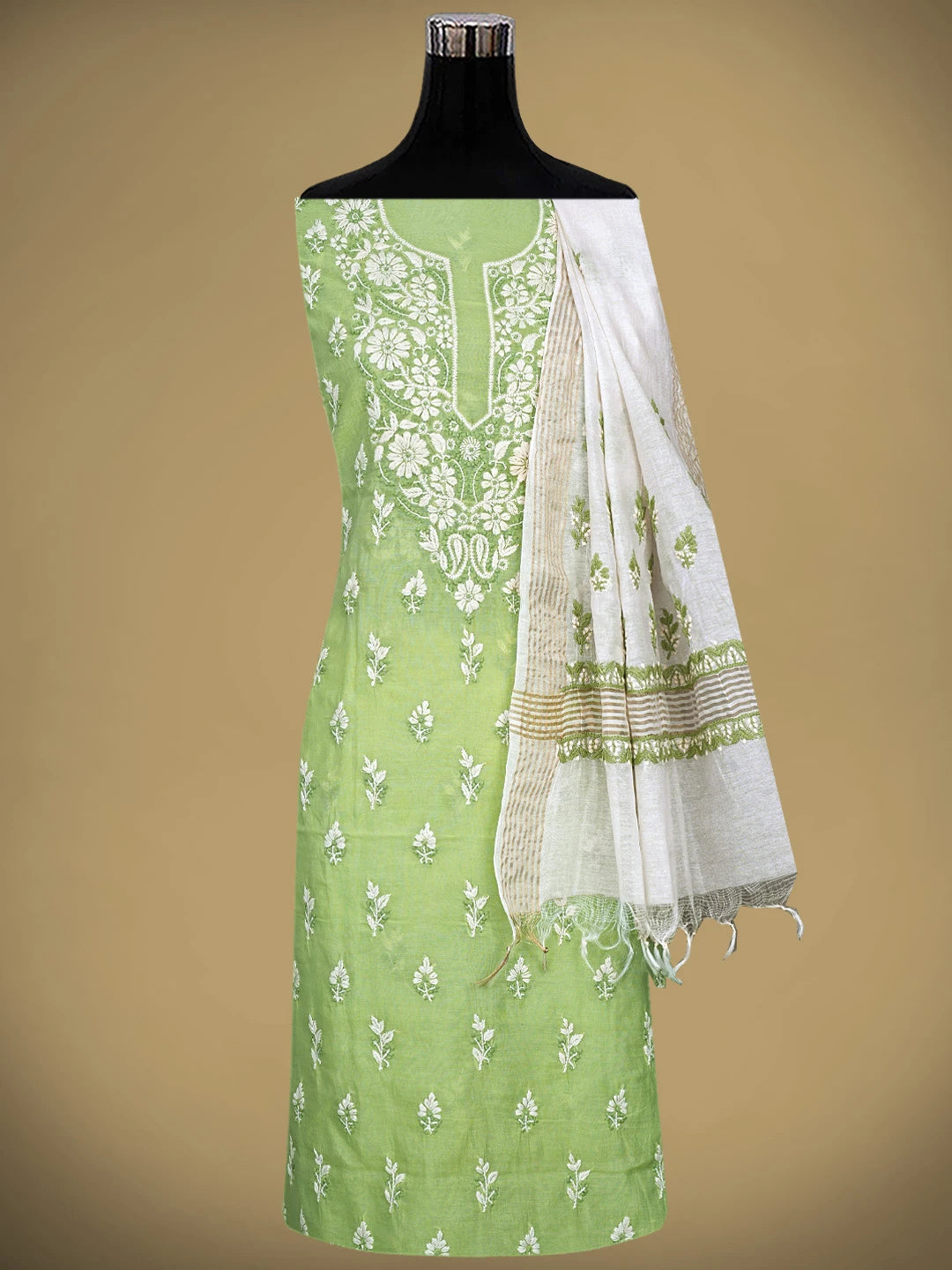 Ada Hand Embroidered Lime Green Chanderi Lucknowi Chikankari Unstitched Kurta Dupatta Set 01A879585