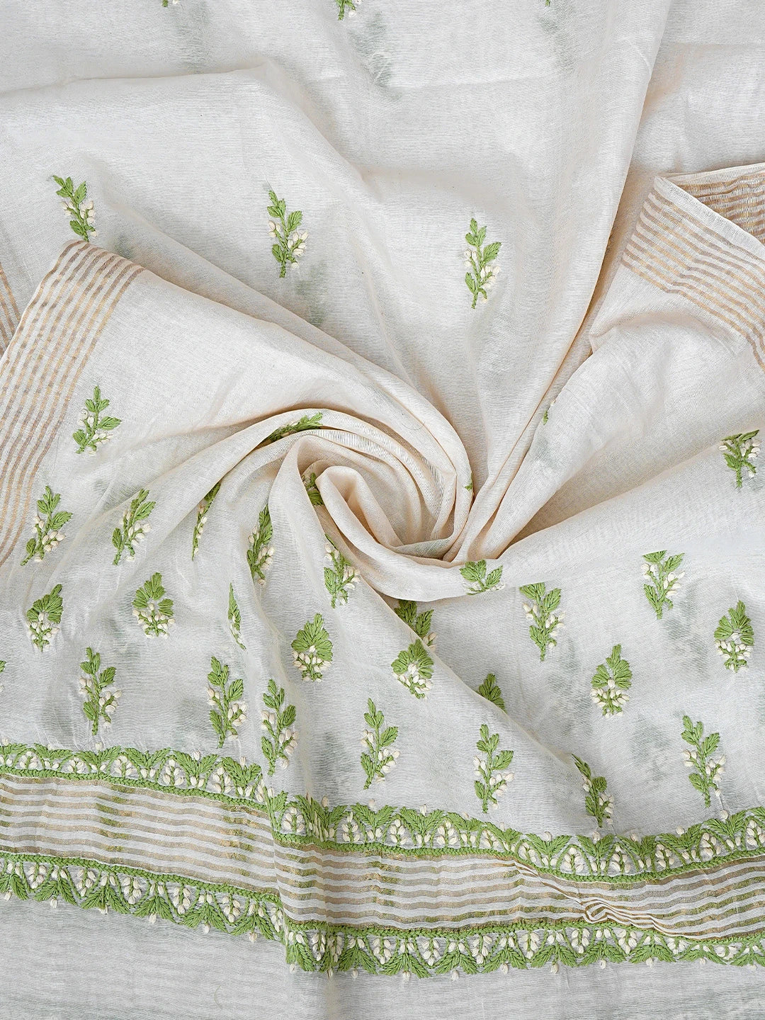 Ada Hand Embroidered Lime Green Chanderi Lucknowi Chikankari Unstitched Kurta Dupatta Set 01A879585