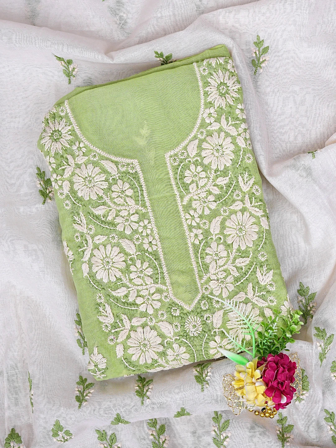 Ada Hand Embroidered Lime Green Chanderi Lucknowi Chikankari Unstitched Kurta Dupatta Set 01A879585