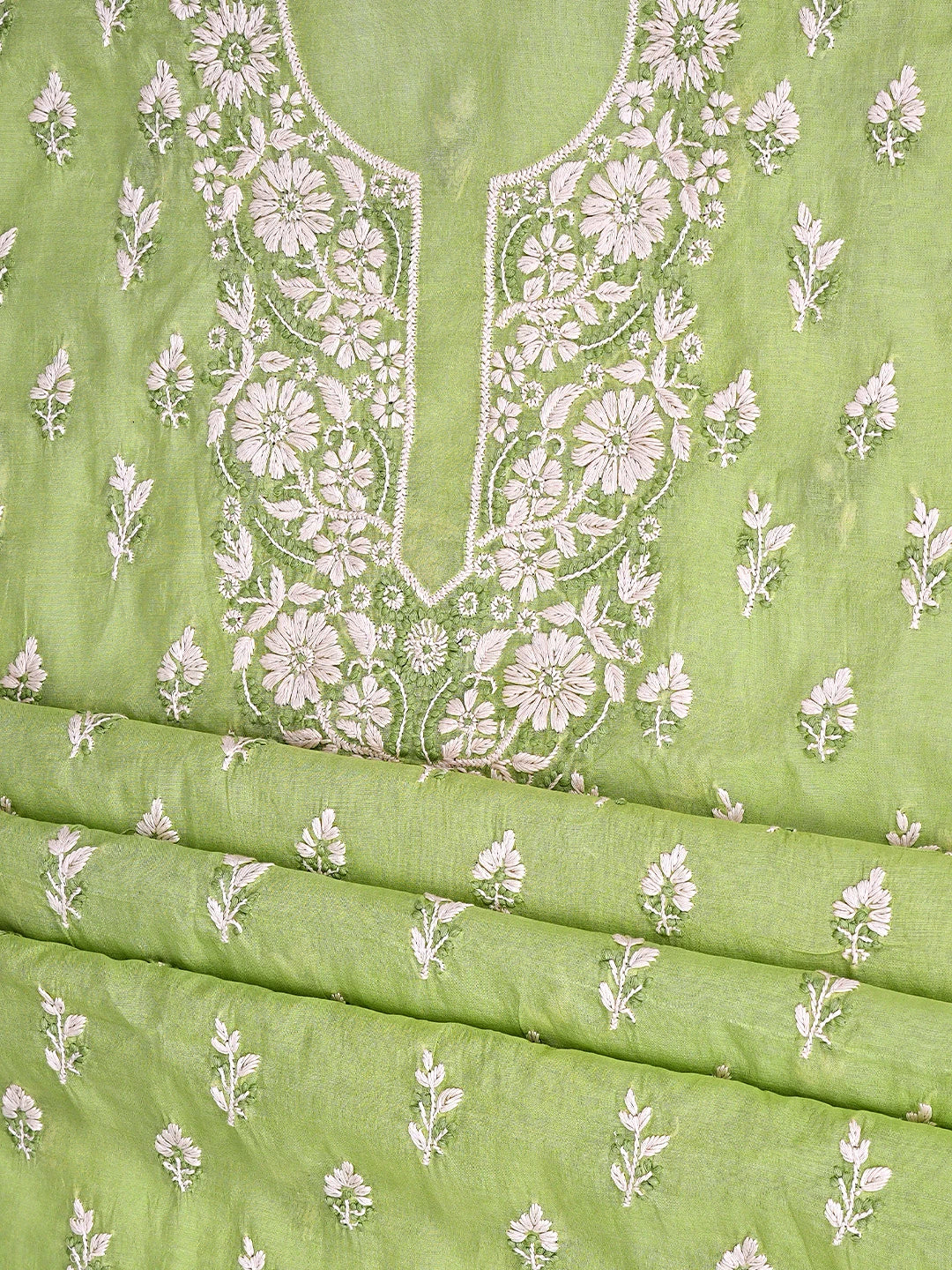 Ada Hand Embroidered Lime Green Chanderi Lucknowi Chikankari Unstitched Kurta Dupatta Set 01A879585
