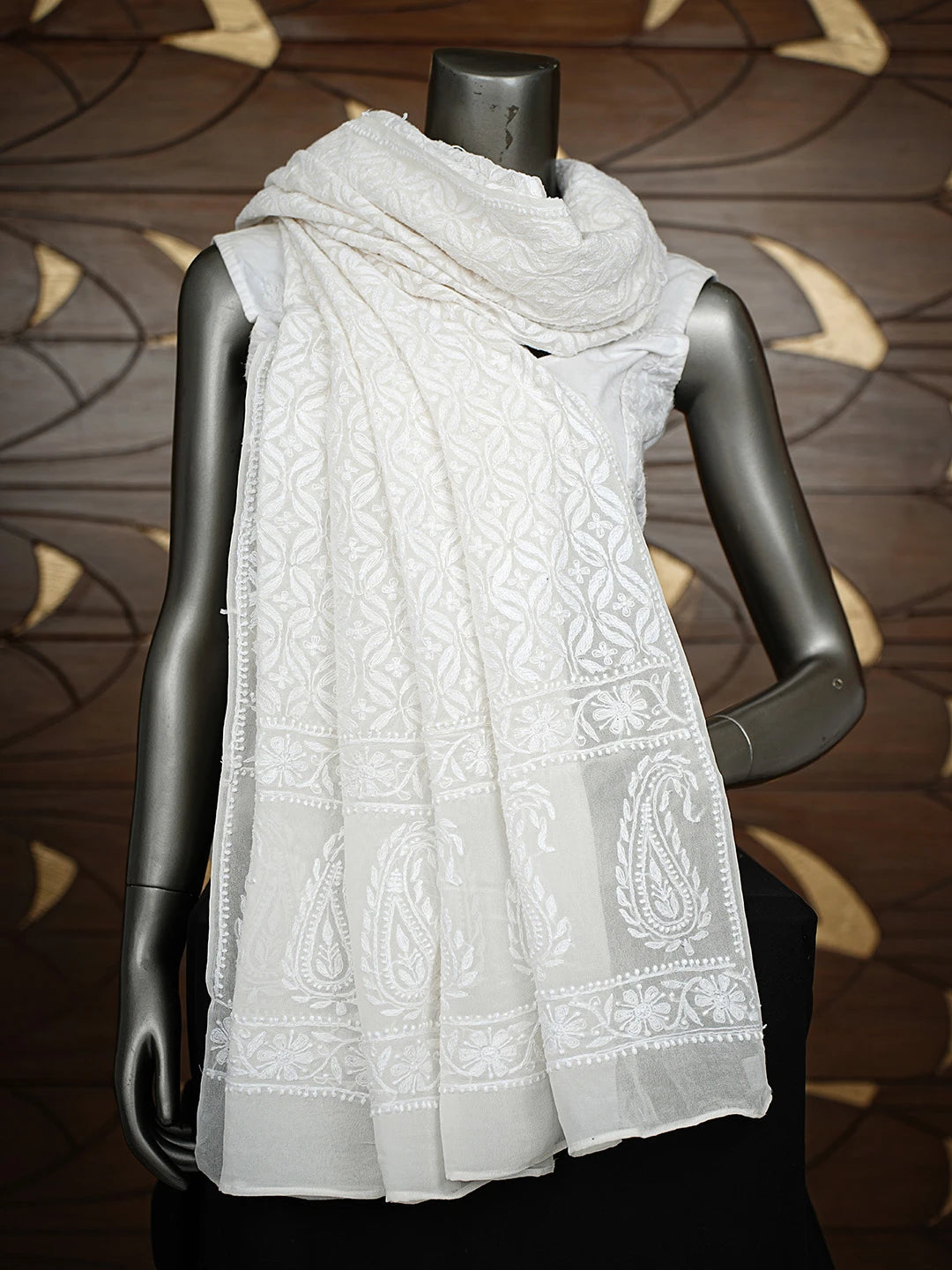 Ada Hand Embroidered White Pure Georgette Lucknowi Chikankari Dupatta 01A791115