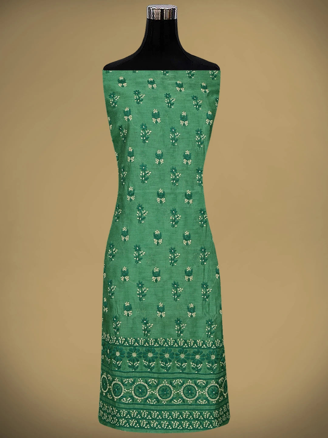 Ada Hand Embroidered Cal Poly Green Chanderi Lucknowi Chikankari Unstitched Kurta Dupatta Set 01A879575