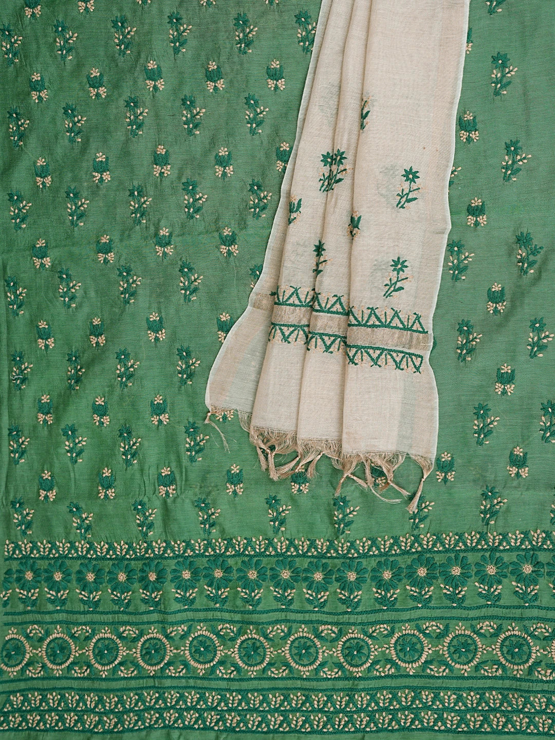 Ada Hand Embroidered Cal Poly Green Chanderi Lucknowi Chikankari Unstitched Kurta Dupatta Set 01A879575