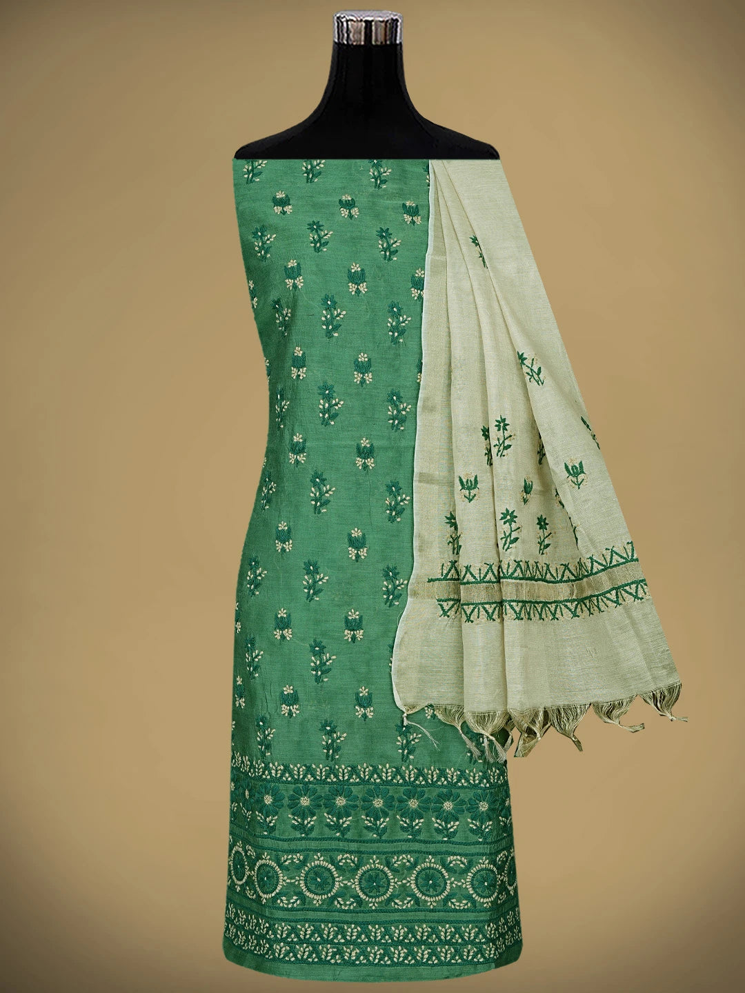 Ada Hand Embroidered Cal Poly Green Chanderi Lucknowi Chikankari Unstitched Kurta Dupatta Set 01A879575