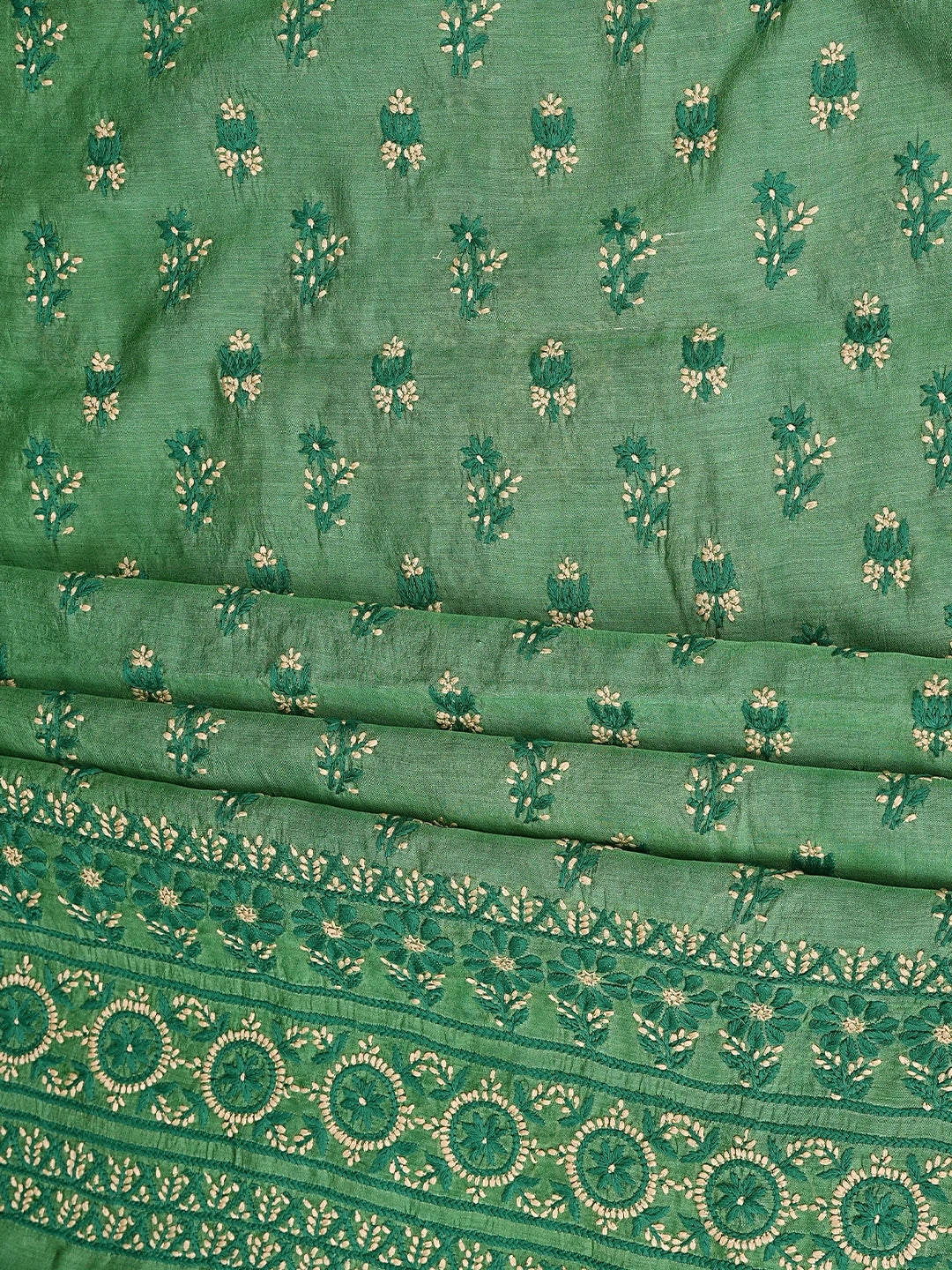 Ada Hand Embroidered Cal Poly Green Chanderi Lucknowi Chikankari Unstitched Kurta Dupatta Set 01A879575