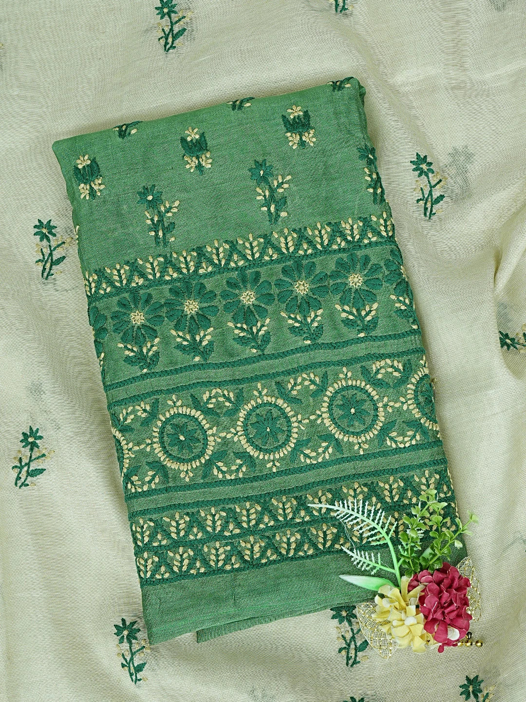 Ada Hand Embroidered Cal Poly Green Chanderi Lucknowi Chikankari Unstitched Kurta Dupatta Set 01A879575