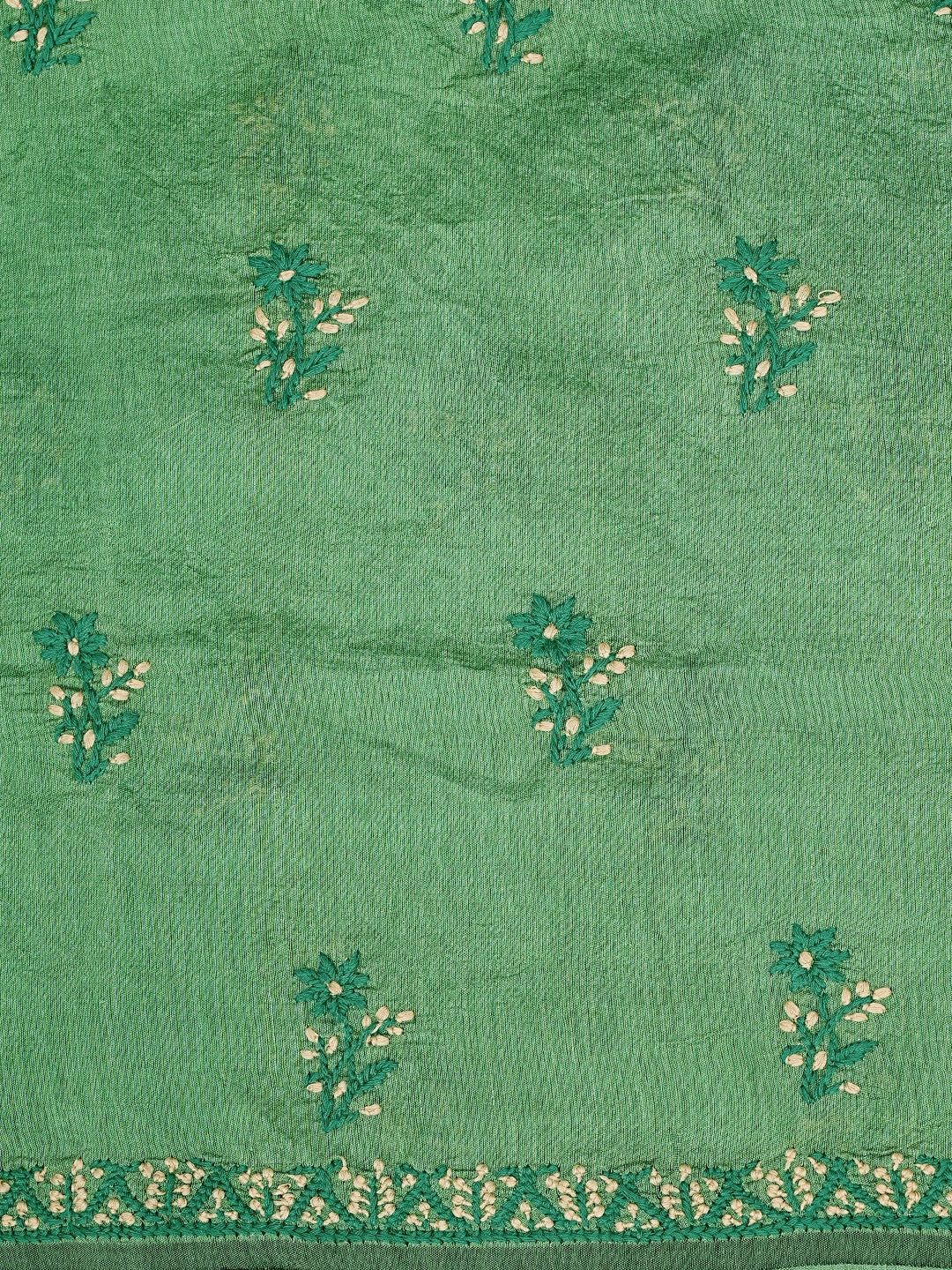 Ada Hand Embroidered Cal Poly Green Chanderi Lucknowi Chikankari Unstitched Kurta Dupatta Set 01A879575
