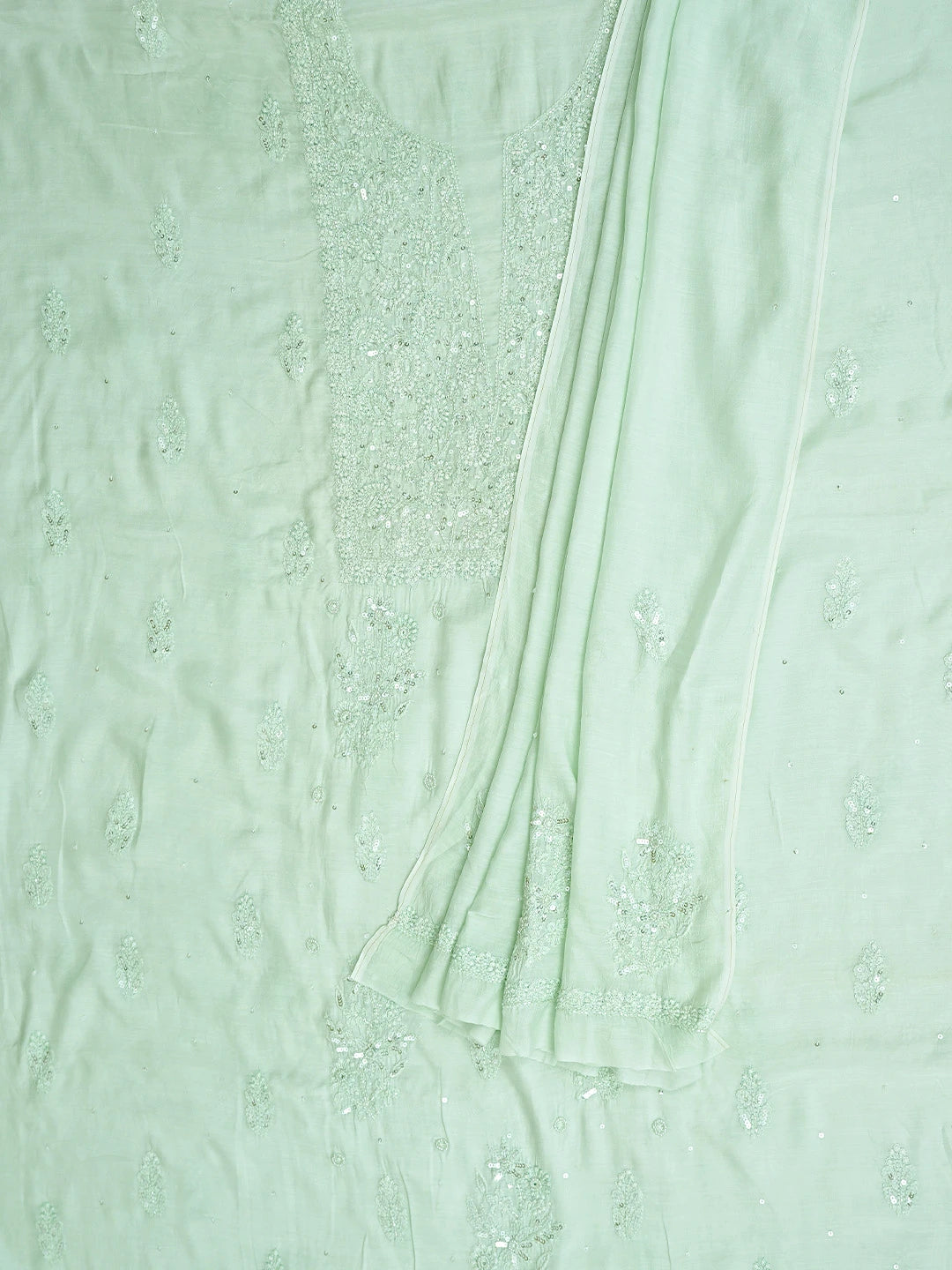 Ada Hand Embroidered Celedon Green Muslin Lucknowi Chikankari Unstitched Kurta Dupatta Set With Cutdana Work 01A643340