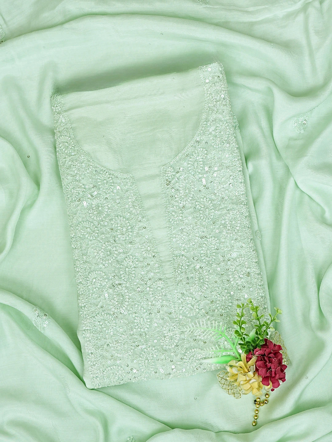 Ada Hand Embroidered Celedon Green Muslin Lucknowi Chikankari Unstitched Kurta Dupatta Set With Cutdana Work 01A643340