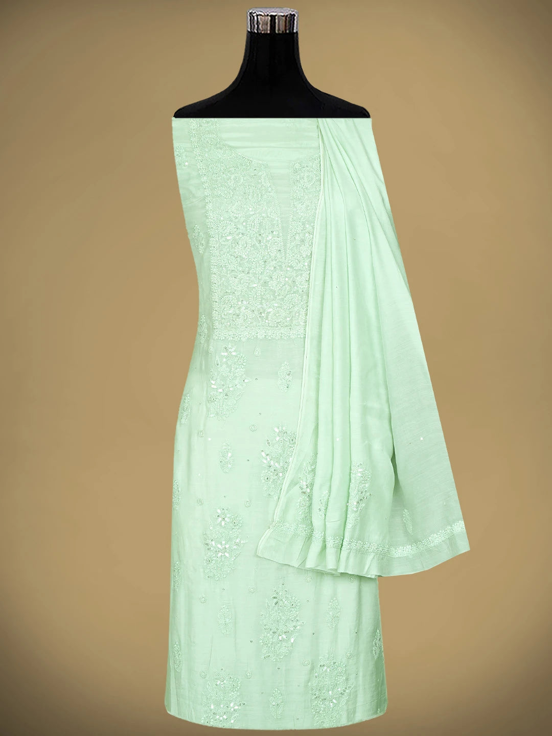 Ada Hand Embroidered Celedon Green Muslin Lucknowi Chikankari Unstitched Kurta Dupatta Set With Cutdana Work 01A643340